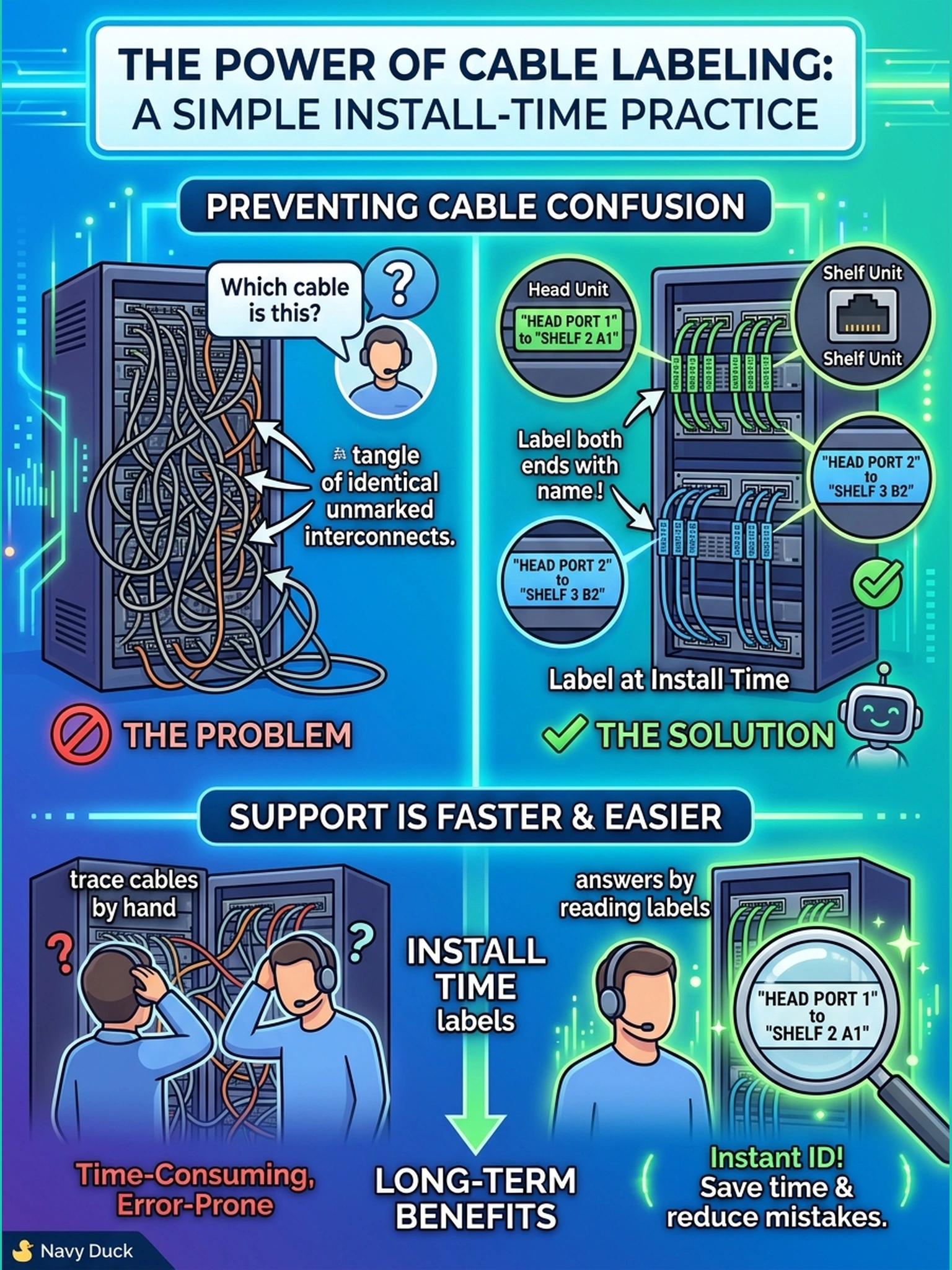 To Create an exciting colorful infographic that explains the concepts in the question: Question: Six weeks after install, support asks which cable runs from the head's port to shelf 2 port A1, and the rack holds a tangle of identical unmarked interconnects. Which install-time practice would have prevented this? Correct Answer: Labeling both ends of every interconnect at install time with both endpoint names, so a support question is answered by reading the rack instead of tracing cables by hand. Put EVERY visible label in double quotes. No people. No A/B/C/D letters. In one of the four corners put a little "Navy Duck".