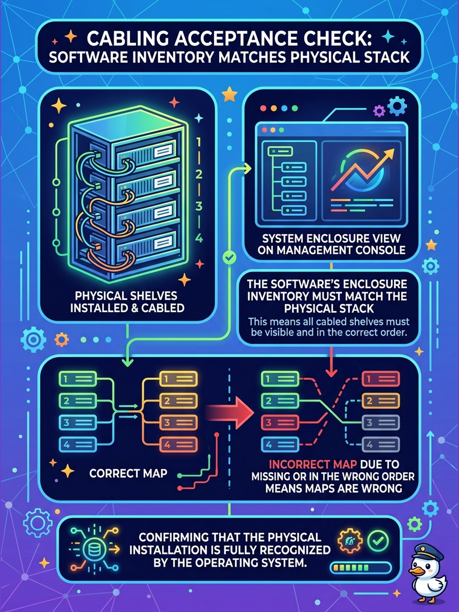 To Create an exciting colorful infographic that explains the concepts in the question: Question: After cabling, the engineer boots the head and checks that every physically installed shelf appears in the system's enclosure view. What is this check accepting? Correct Answer: The cabling acceptance: the software's enclosure inventory must match the physical stack, because a shelf that is cabled but invisible — or visible in the wrong order — means the maps are wrong. Put EVERY visible label in double quotes. No people. No A/B/C/D letters. In one of the four corners put a little "Navy Duck".