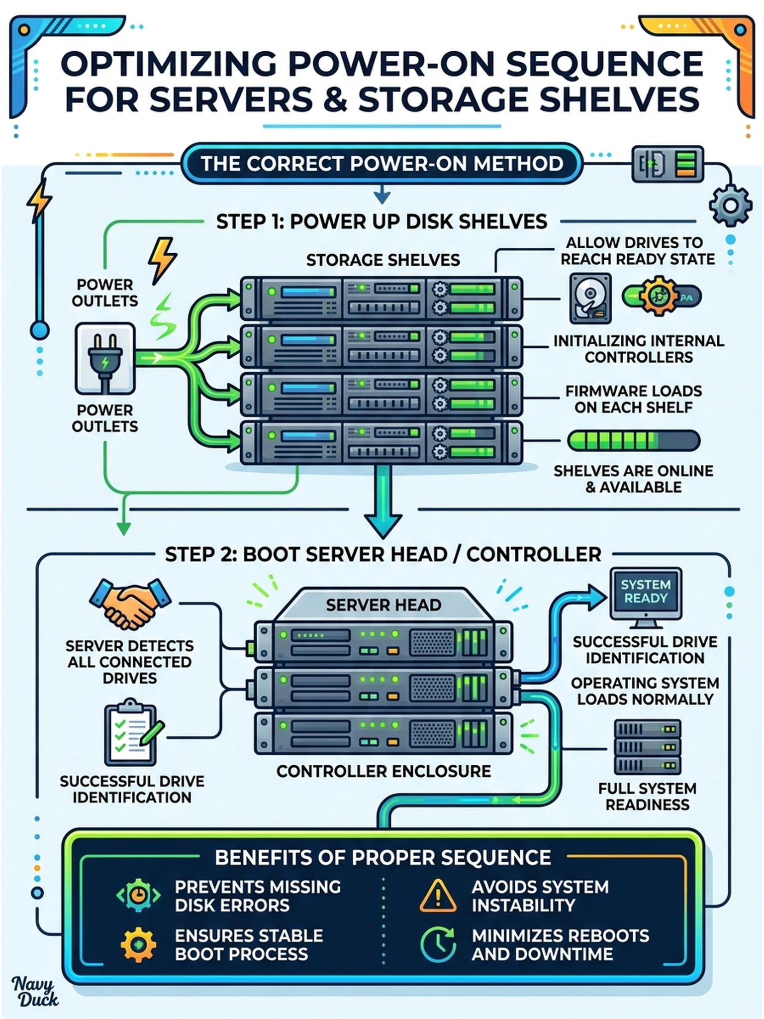 To Create an exciting colorful infographic that explains the concepts in the question: Question: On power-on day the tech energizes the head first while the shelves stay dark for a few extra minutes, and the boot reports missing disks. What went wrong with the power sequence? Correct Answer: The shelves must be energized first and allowed to reach ready state; booting the head while shelves are dark leaves their enclosures unavailable and the system comes up reporting missing drives. Put EVERY visible label in double quotes. No people. No A/B/C/D letters. In one of the four corners put a little "Navy Duck".