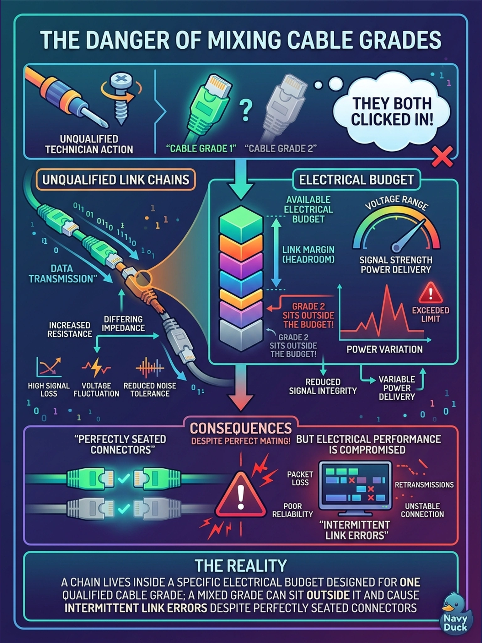 To Create an exciting colorful infographic that explains the concepts in the question: Question: Inside one shelf chain, the tech mixes two different grades of interconnect cable because 'they both clicked in.' Why can this be a problem even though the connectors mate? Correct Answer: Because a chain lives inside an electrical budget designed for one qualified cable grade; a mixed grade can sit outside it and cause intermittent link errors despite perfectly seated connectors. Put EVERY visible label in double quotes. No people. No A/B/C/D letters. In one of the four corners put a little "Navy Duck".