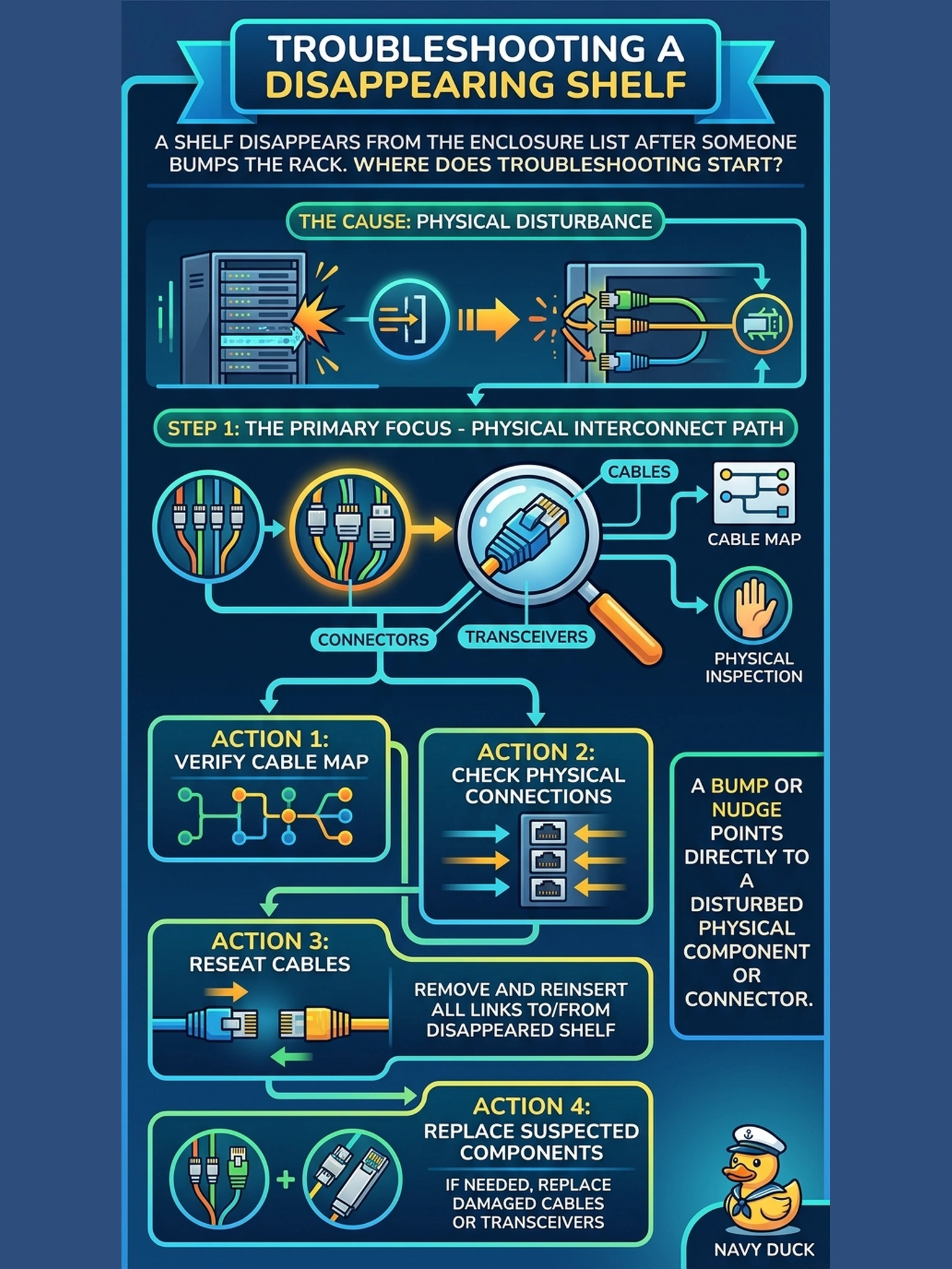 To Create an exciting colorful infographic that explains the concepts in the question: Question: A shelf disappears from the enclosure list right after someone bumps the rack during cable dressing, though it was visible immediately before the nudge. Where does troubleshooting start? Correct Answer: With the physical interconnect path — follow the cable map and reseat, then replace if needed, the links to and from that shelf; a nudge points first at a disturbed cable or connector. Put EVERY visible label in double quotes. No people. No A/B/C/D letters. In one of the four corners put a little "Navy Duck".