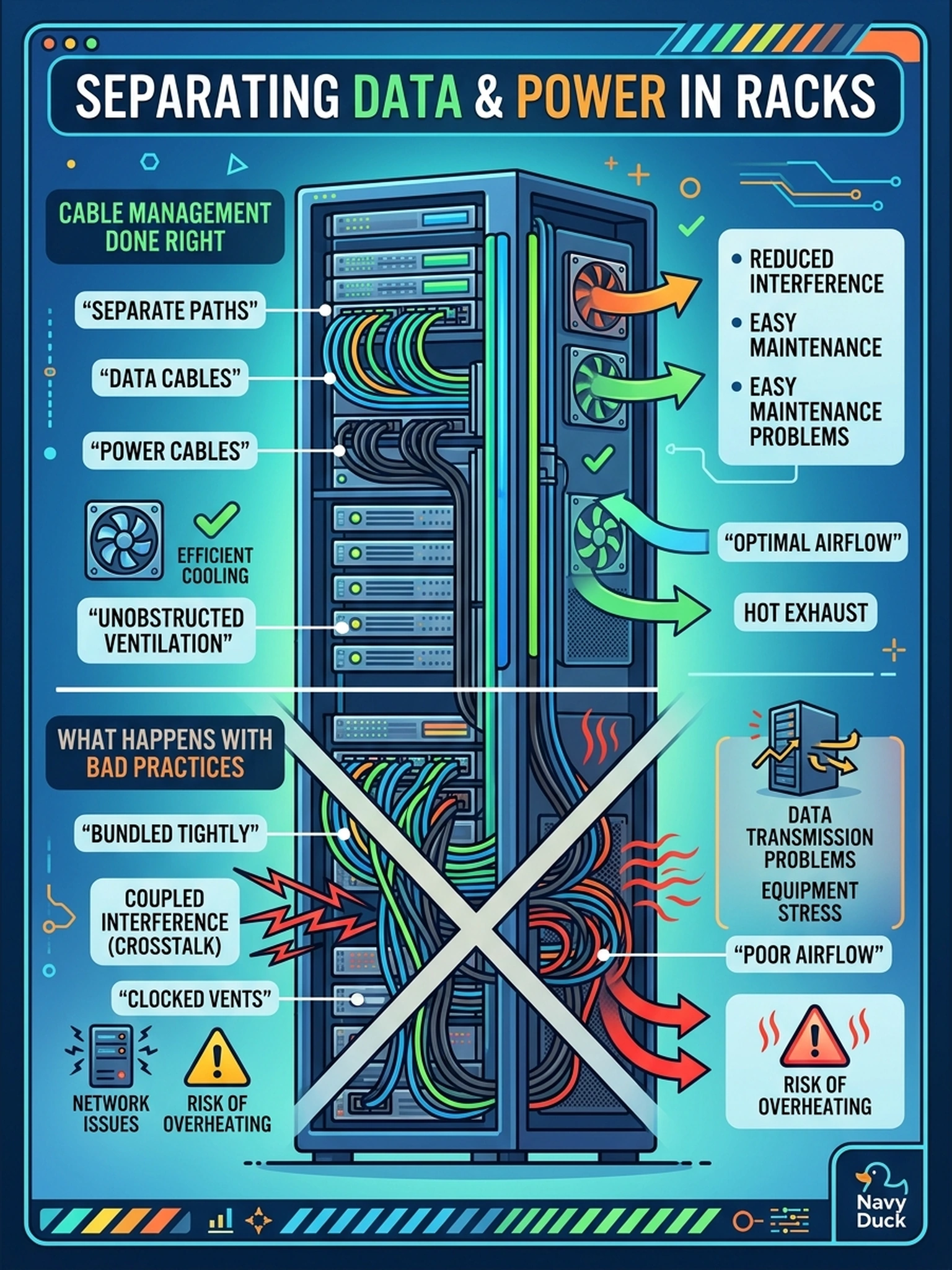 To Create an exciting colorful infographic that explains the concepts in the question: Question: While dressing the rack you find the shelf interconnects bundled tightly along the PDU run, directly behind the power cords. What is wrong with this practice, and what should change? Correct Answer: Data cabling should be dressed in its own management path, away from power runs and clear of cooling airflow — tight bundles beside cords invite coupled interference and can shadow the vents. Put EVERY visible label in double quotes. No people. No A/B/C/D letters. In one of the four corners put a little "Navy Duck".