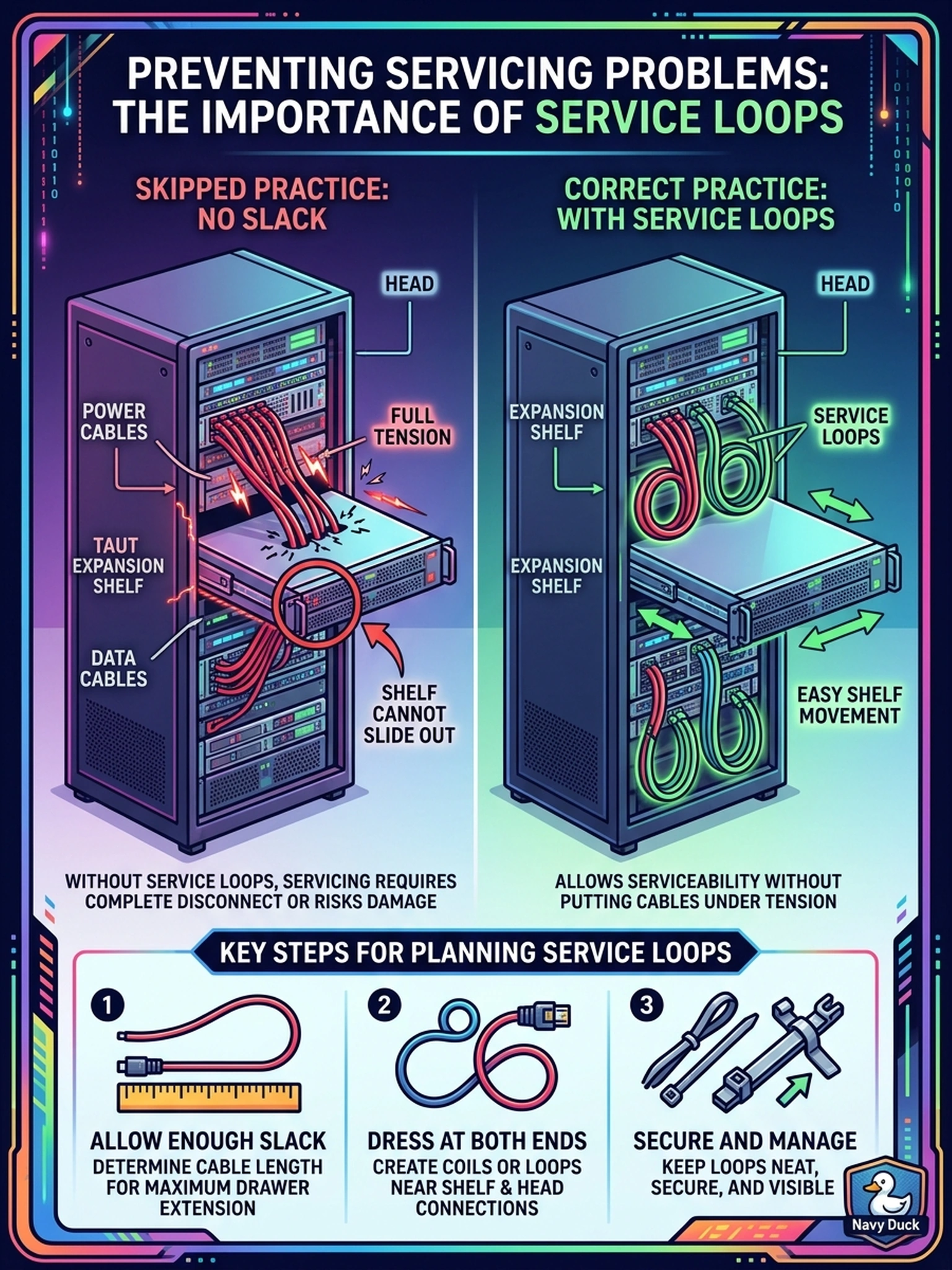 To Create an exciting colorful infographic that explains the concepts in the question: Question: A drive in an expansion shelf needs replacement, but every cable between the shelf and the head was pulled to full length, so the shelf cannot slide out. Which cabling practice was skipped? Correct Answer: Planning service loops — enough slack dressed at each end of every link that the shelf can be pulled forward for service without putting the whole chain under tension. Put EVERY visible label in double quotes. No people. No A/B/C/D letters. In one of the four corners put a little "Navy Duck".