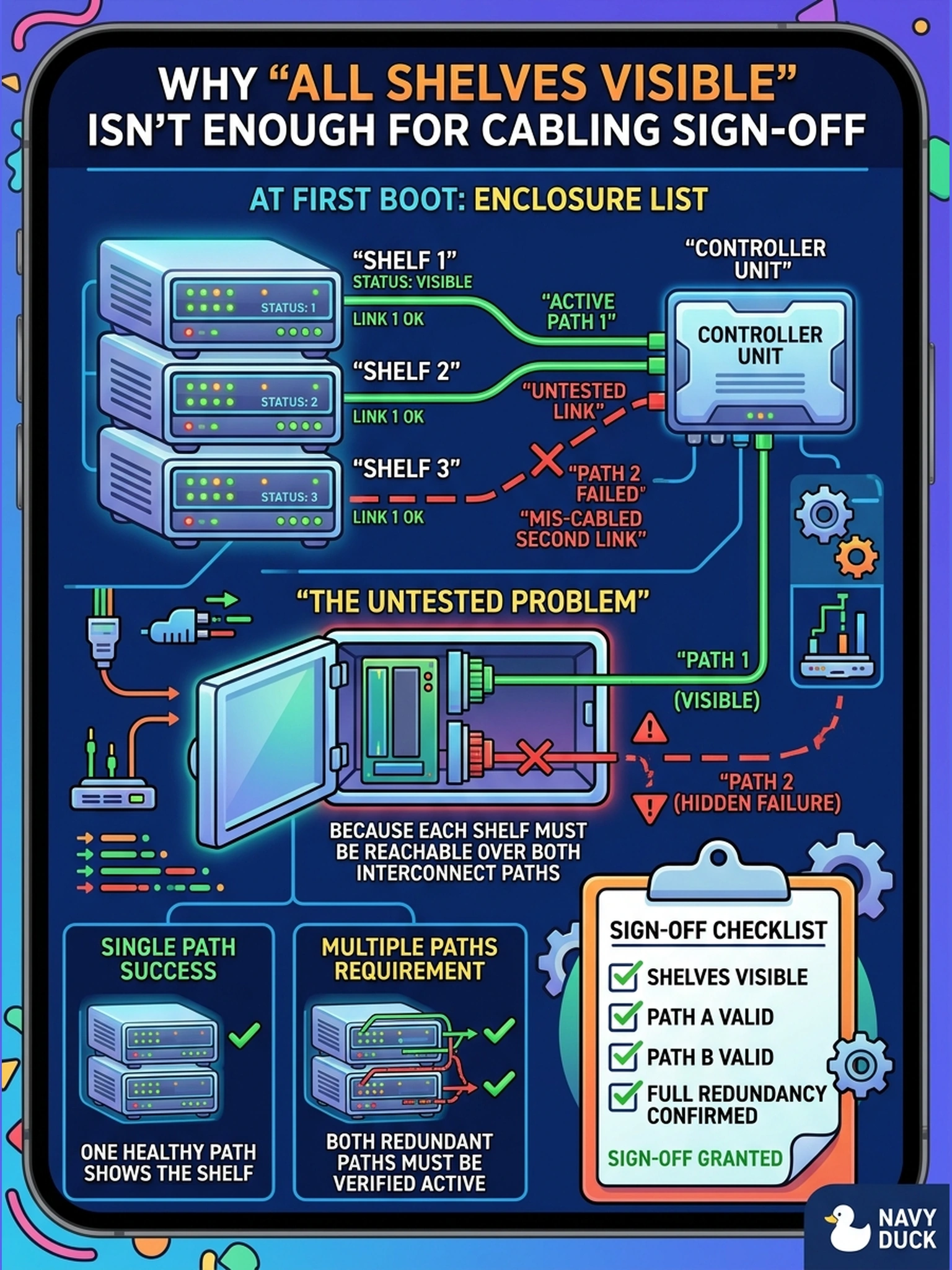 To Create an exciting colorful infographic that explains the concepts in the question: Question: At first boot every expansion shelf appears in the enclosure list, and the engineer is about to sign off the cabling. Why is 'all shelves visible' not yet enough? Correct Answer: Because each shelf should be reachable over both of its interconnect paths — one healthy path shows the shelf while hiding a failed or mis-cabled second link that nobody has tested. Put EVERY visible label in double quotes. No people. No A/B/C/D letters. In one of the four corners put a little "Navy Duck".