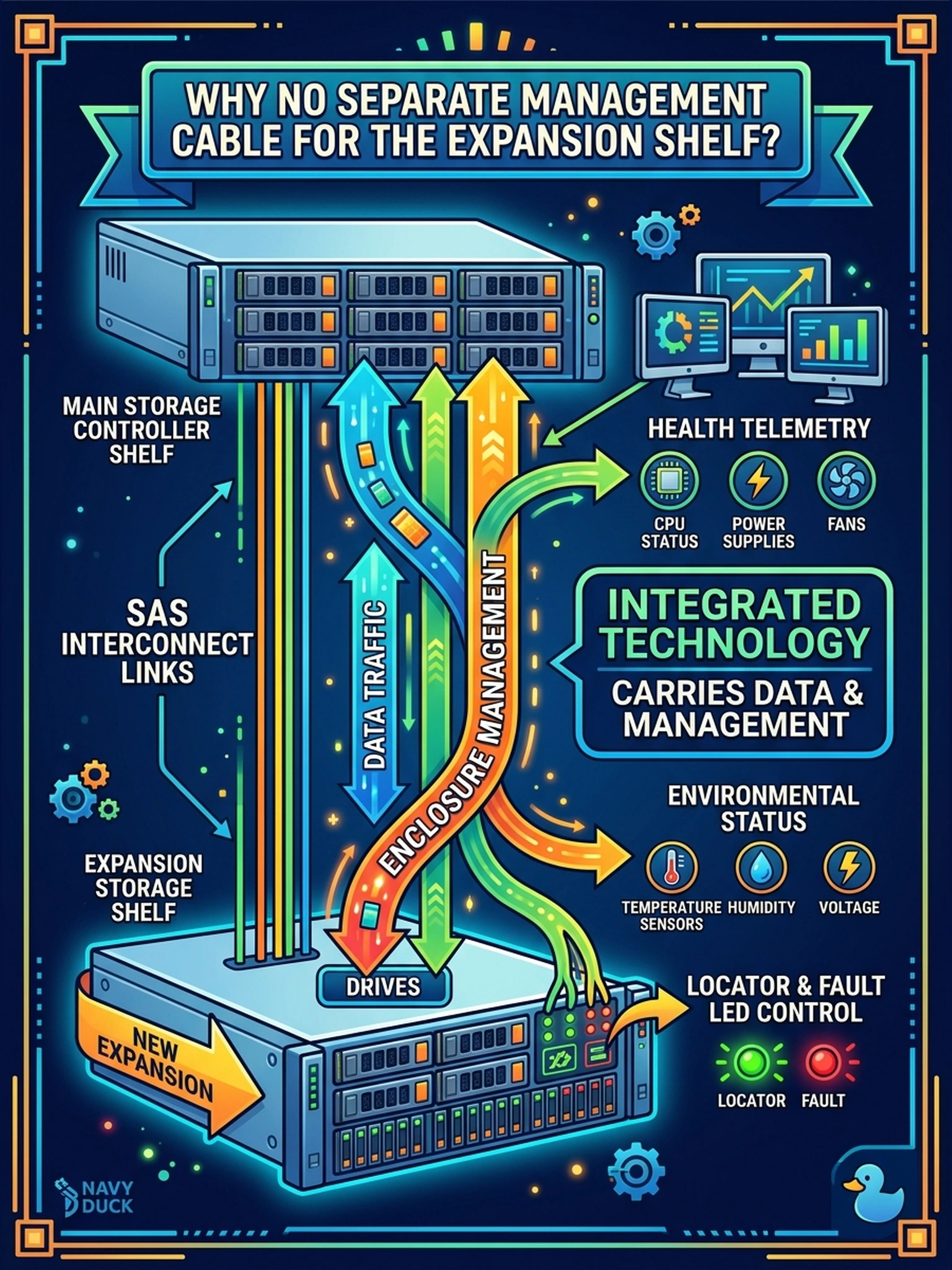 To Create an exciting colorful infographic that explains the concepts in the question: Question: A junior tech hunts for the separate management cable that is supposed to connect a new expansion shelf, and the engineer says there isn't one. Why? Correct Answer: Because enclosure management — health telemetry, environmental status, and locator and fault LED control — rides the same SAS interconnect links that carry the data. Put EVERY visible label in double quotes. No people. No A/B/C/D letters. In one of the four corners put a little "Navy Duck".