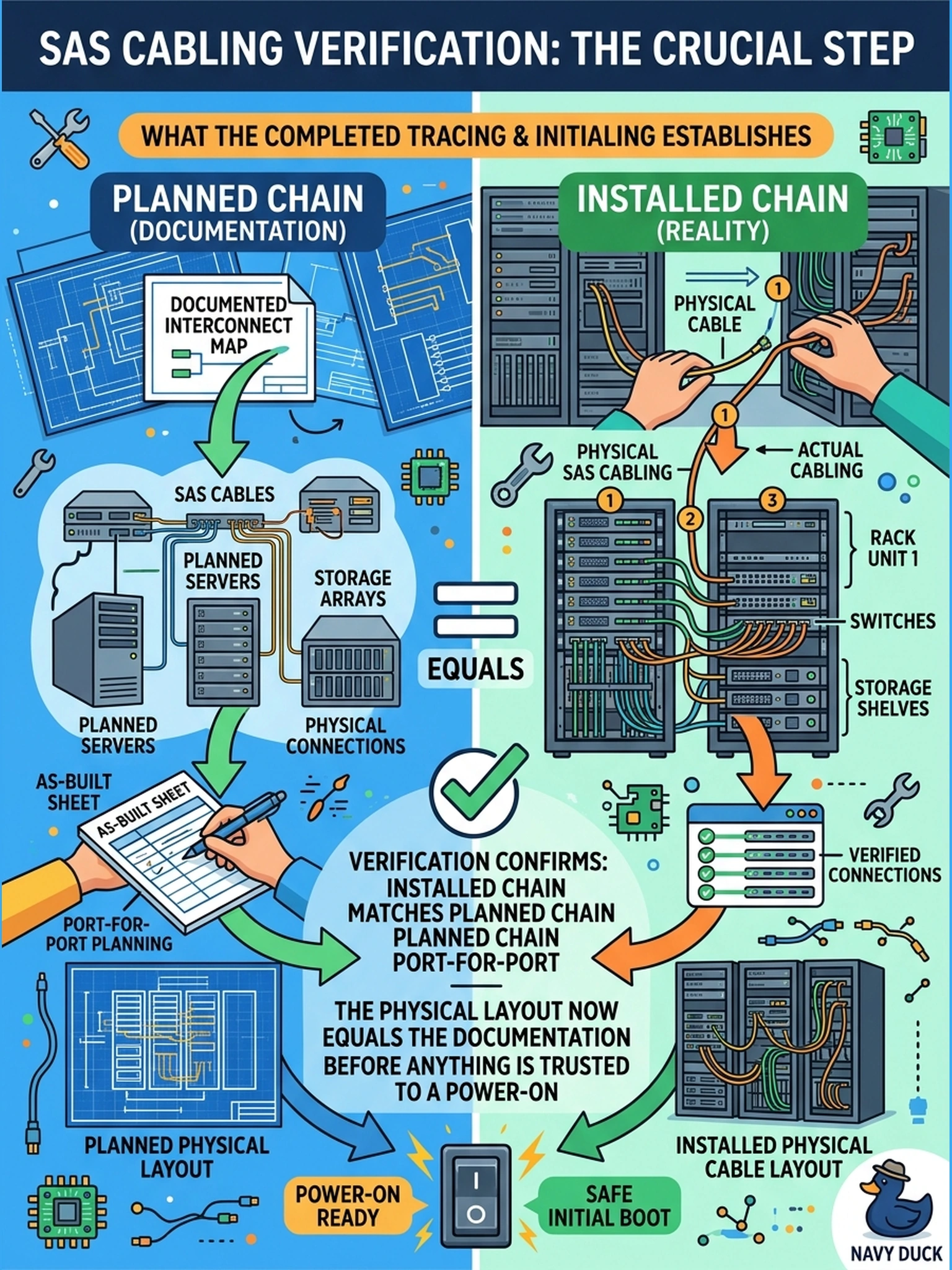 To Create an exciting colorful infographic that explains the concepts in the question: Question: An installer finishes the SAS cabling, traces every physical cable against the documented interconnect map, and initials the as-built sheet. What does that verification step actually establish? Correct Answer: That the installed chain matches the planned chain port-for-port — the physical layout now equals the documentation before anything is trusted to a power-on. Put EVERY visible label in double quotes. No people. No A/B/C/D letters. In one of the four corners put a little "Navy Duck".