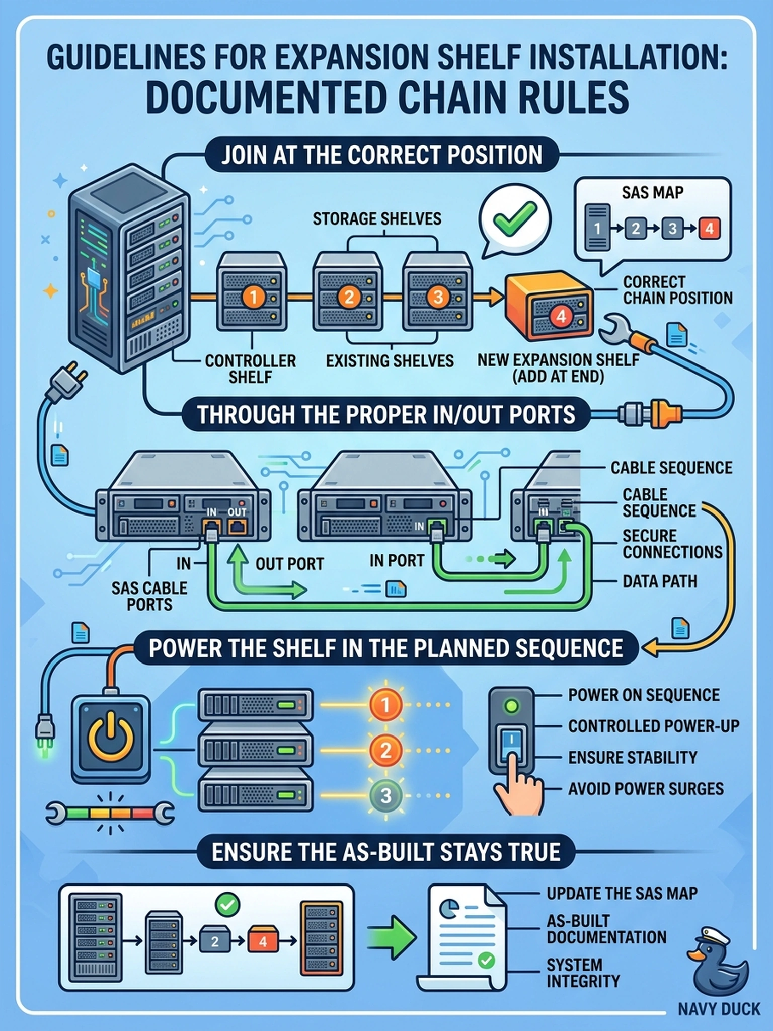 To Create an exciting colorful infographic that explains the concepts in the question: Question: Six months after install, a third expansion shelf arrives and the tech lands it on a free port mid-chain without consulting any documentation. Which set of rules did this installation skip? Correct Answer: The documented chain rules again — join at the correct position through the proper in/out ports, power the shelf in the planned sequence, and update the SAS map so the as-built stays true. Put EVERY visible label in double quotes. No people. No A/B/C/D letters. In one of the four corners put a little "Navy Duck".