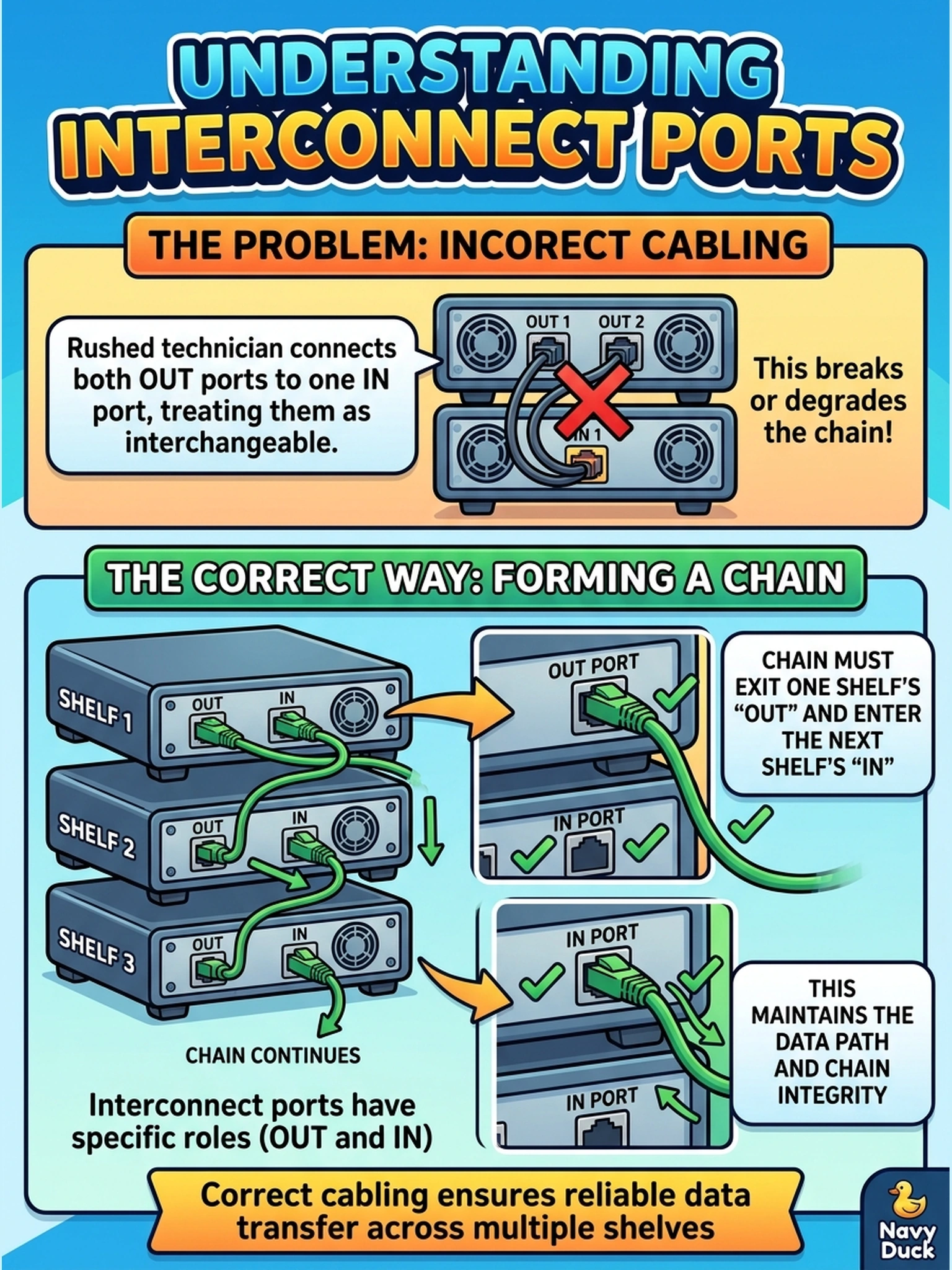 To Create an exciting colorful infographic that explains the concepts in the question: Question: A shelf has two interconnect ports on the back, and a rushed tech jumpering to the next shelf lands both of them on the same port there, treating the pair as interchangeable. What is wrong with that cabling? Correct Answer: Interconnect ports carry in and out roles, and the chain must exit one shelf's out and enter the next shelf's in — jumpering both to one target breaks or degrades the chain. Put EVERY visible label in double quotes. No people. No A/B/C/D letters. In one of the four corners put a little "Navy Duck".