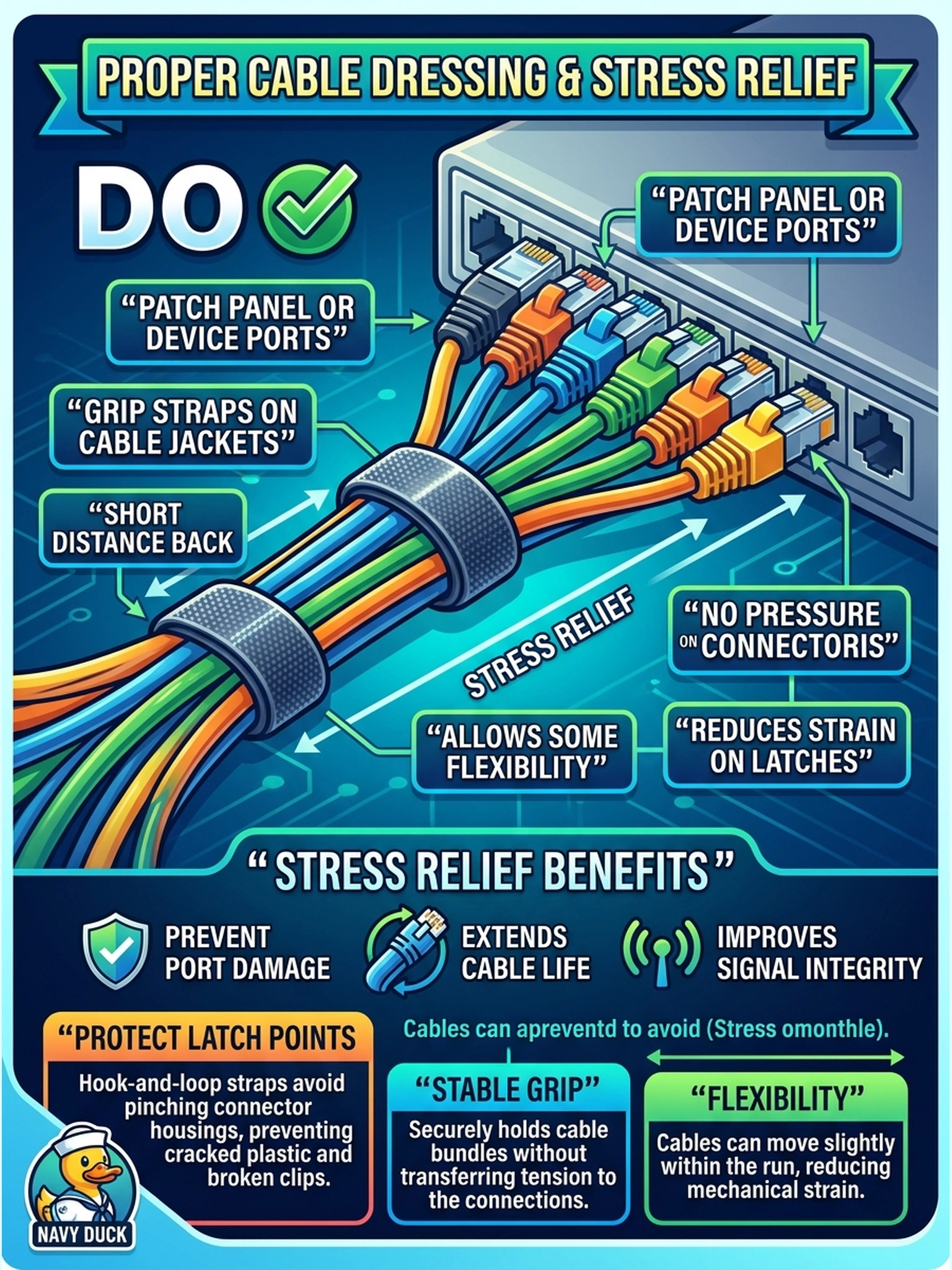 To Create an exciting colorful infographic that explains the concepts in the question: Question: The cable dressing looks immaculate, except every hook-and-loop strap is cinched directly over the connector bodies 'so nothing wiggles.' What must be corrected in this dressing? Correct Answer: The straps should grip the cable jackets a short distance back from the connectors, so bundle tension never sits on connector housings or latch points anywhere in the run. Put EVERY visible label in double quotes. No people. No A/B/C/D letters. In one of the four corners put a little "Navy Duck".