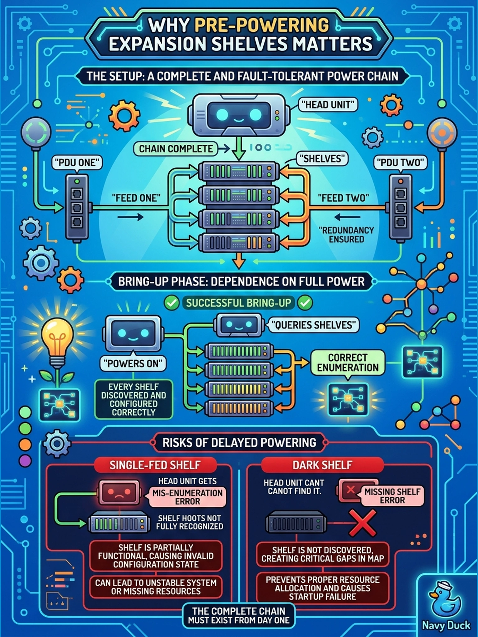 To Create an exciting colorful infographic that explains the concepts in the question: Question: Before the head unit is ever powered, both PSUs of every expansion shelf are cabled, with each shelf's two feeds landing on different PDUs. Why is this a precondition of head bring-up rather than later cleanup? Correct Answer: Because the chain is only complete when every shelf is fully powered on both A and B feeds — a single-fed or dark shelf mis-enumerates at the head bring-up that depends on it. Put EVERY visible label in double quotes. No people. No A/B/C/D letters. In one of the four corners put a little "Navy Duck".