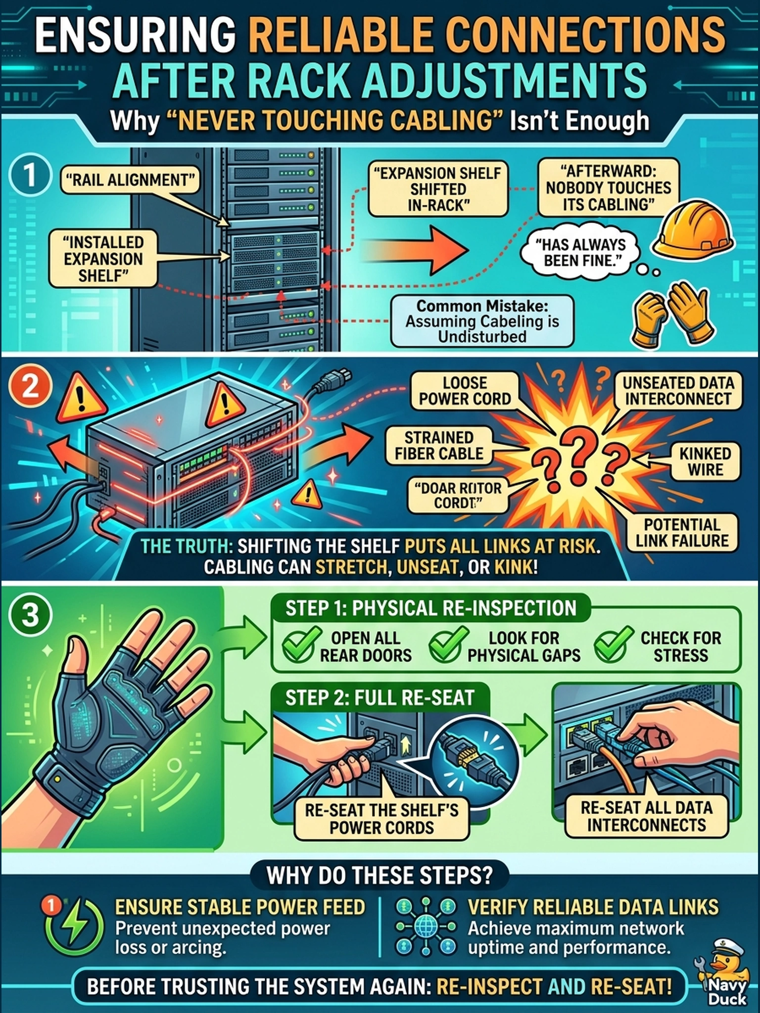 To Create an exciting colorful infographic that explains the concepts in the question: Question: To correct a rail alignment, an installed expansion shelf is shifted in-rack; afterward nobody touches its cabling, because the chain 'has always been fine.' What must happen before the chain is trusted again? Correct Answer: A physical re-inspection and reseat of that shelf's interconnects and power cords, because moving anything in a rack puts its links and feeds at risk. Put EVERY visible label in double quotes. No people. No A/B/C/D letters. In one of the four corners put a little "Navy Duck".