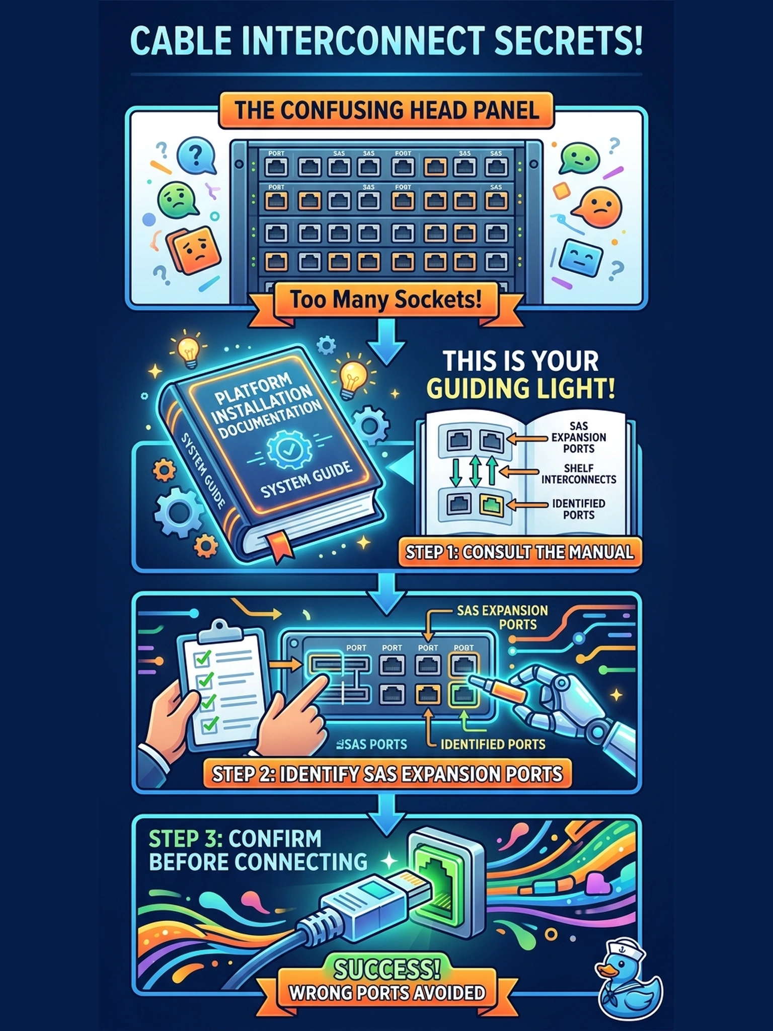 To Create an exciting colorful infographic that explains the concepts in the question: Question: The head's rear panel is crowded with similar-looking ports and install day has a customer watching. What determines which sockets the shelf interconnects go into? Correct Answer: The platform's installation documentation, which names the SAS expansion ports on the head — those are identified and confirmed before any cable is pressed in. Put EVERY visible label in double quotes. No people. No A/B/C/D letters. In one of the four corners put a little "Navy Duck".