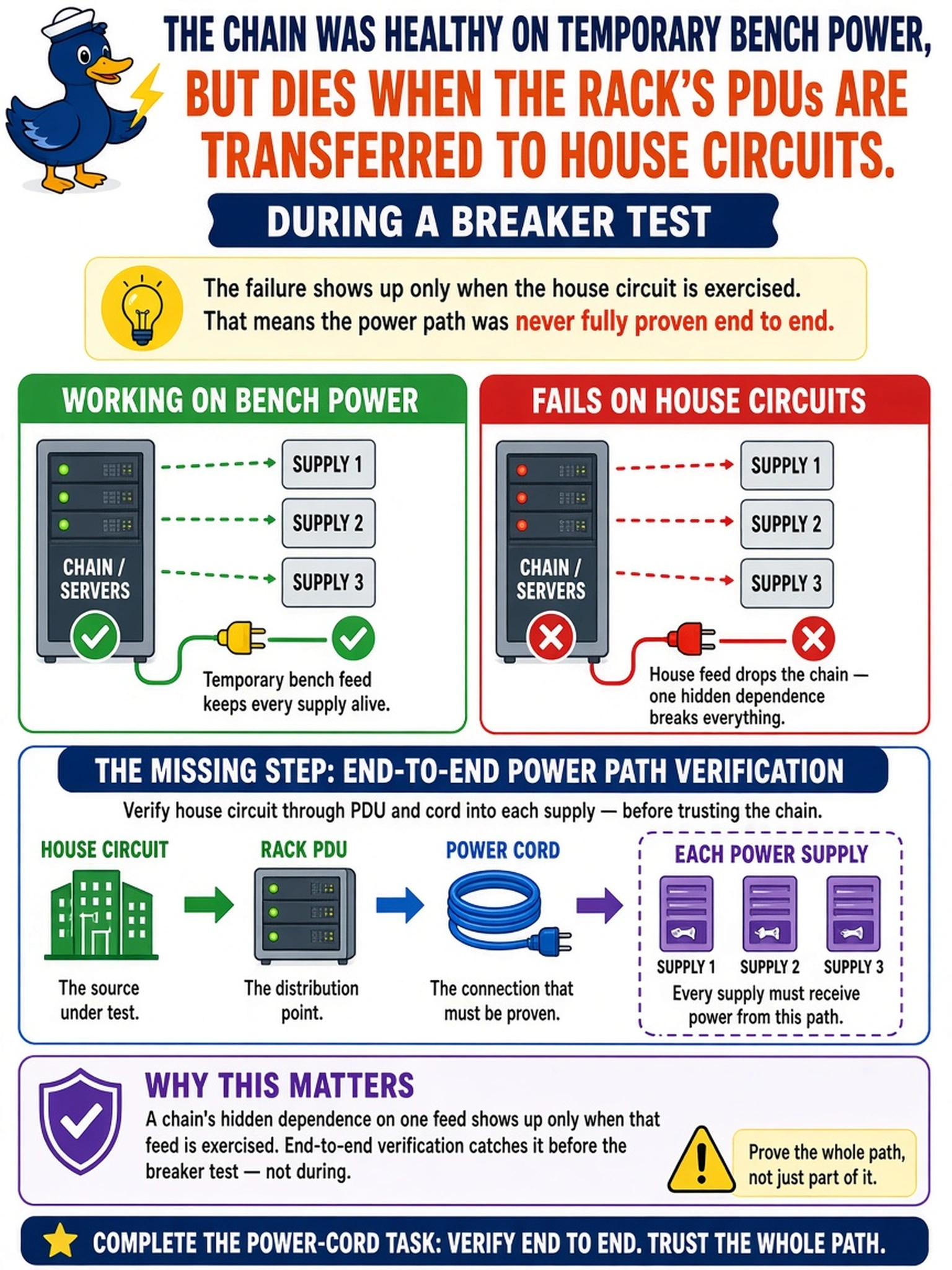 To Create an exciting colorful infographic that explains the concepts in the question: Question: The chain was healthy on temporary bench power, but dies when the rack's PDUs are transferred to house circuits during a breaker test. Which part of the power-cord task was clearly incomplete? Correct Answer: End-to-end power path verification — house circuit through PDU and cord into each supply — because a chain's hidden dependence on one feed shows up only when that feed is exercised. Put EVERY visible label in double quotes. No people. No A/B/C/D letters. In one of the four corners put a little "Navy Duck".