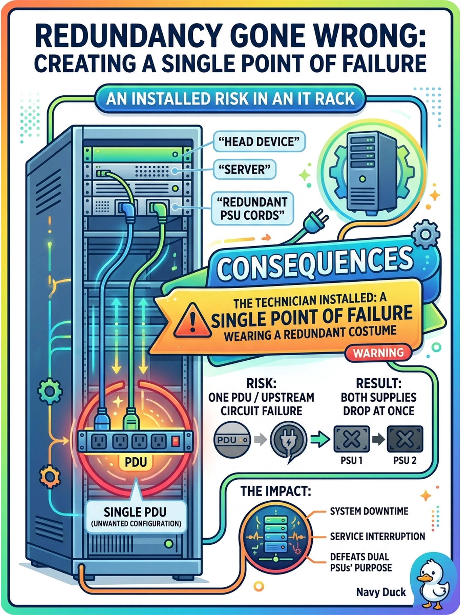 To Create an exciting colorful infographic that explains the concepts in the question: Question: Both of the head's redundant PSU cords are plugged into the same PDU because it was closest. What has the technician actually installed? Correct Answer: A single point of failure wearing a redundant costume — one PDU or upstream circuit now drops both supplies at once, the exact event the dual PSUs exist to survive. Put EVERY visible label in double quotes. No people. No A/B/C/D letters. In one of the four corners put a little "Navy Duck".
