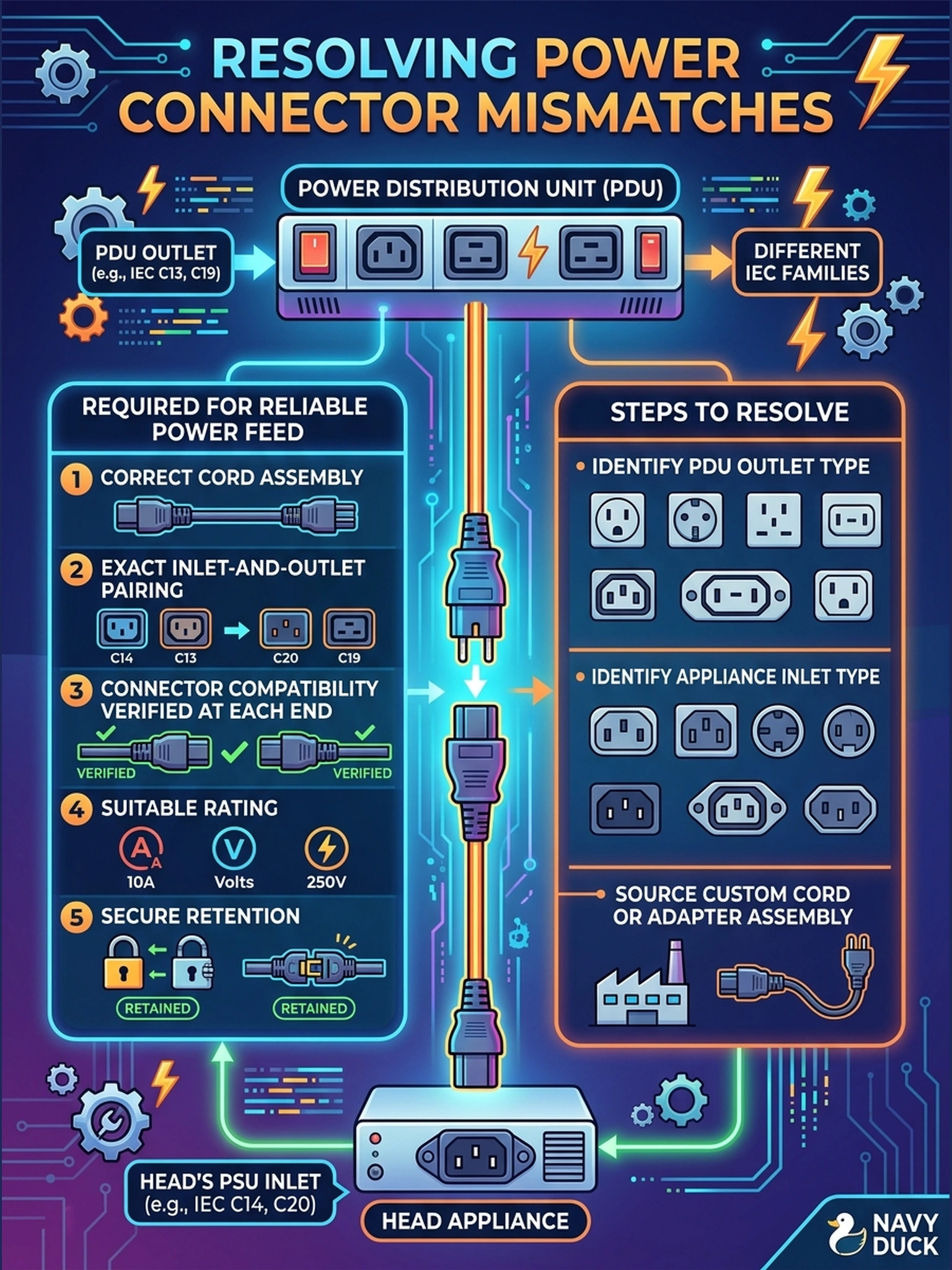 To Create an exciting colorful infographic that explains the concepts in the question: Question: The head's PSU inlets and the customer's PDU outlets belong to different IEC connector families, and the cords in the appliance box may not fit either end. What must be resolved before a power feed can be relied on? Correct Answer: The correct cord assembly for that exact inlet-and-outlet pairing — connector compatibility verified at each end, with the assembly's rating and retention suited to the appliance. Put EVERY visible label in double quotes. No people. No A/B/C/D letters. In one of the four corners put a little "Navy Duck".