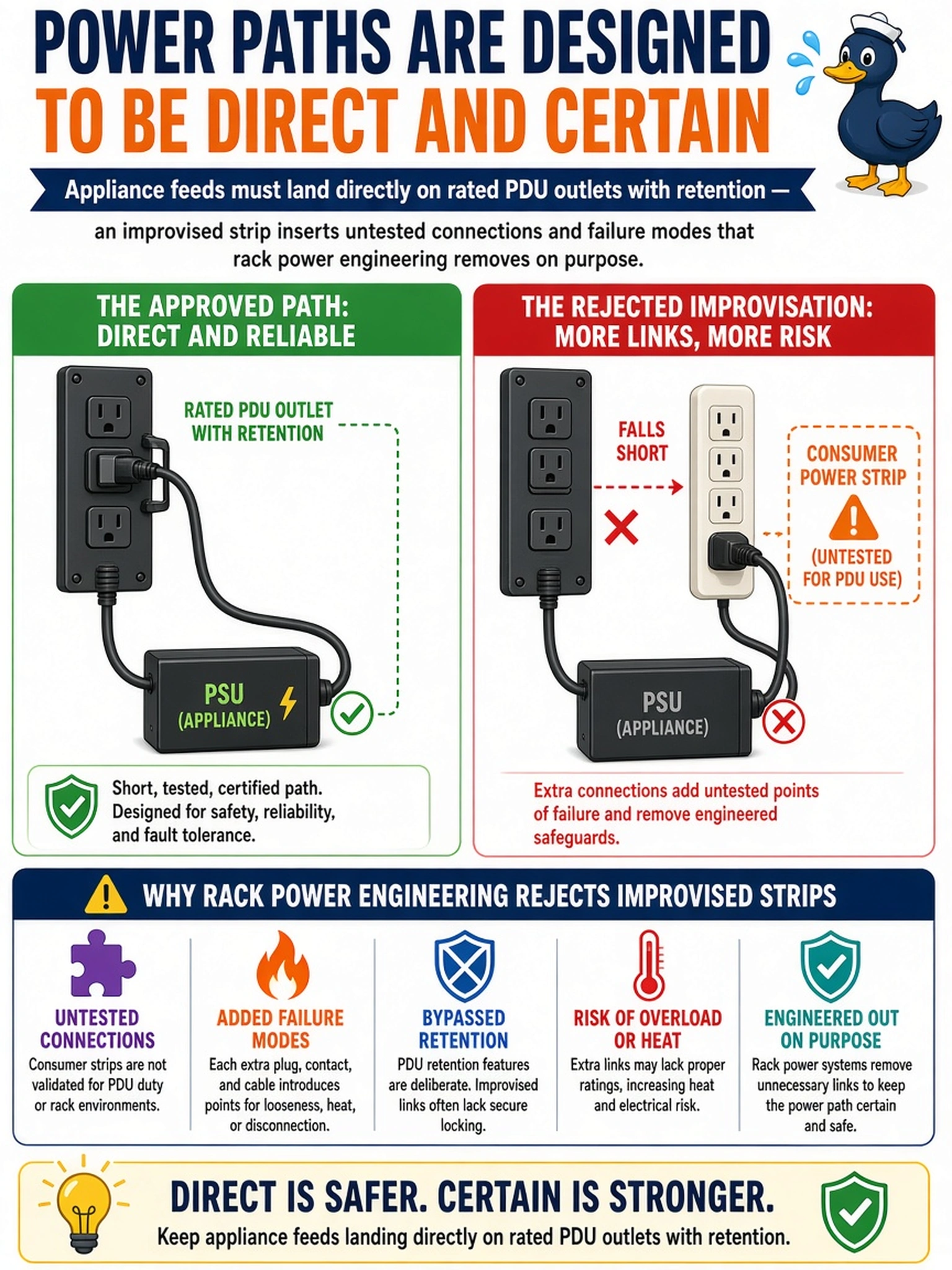 To Create an exciting colorful infographic that explains the concepts in the question: Question: The second PSU's cord falls a few inches short, and the tech is about to plug a consumer power strip into a PDU outlet to bridge the gap. Why is that practice rejected? Correct Answer: Appliance feeds must land directly on rated PDU outlets with retention — an improvised strip inserts untested connections and failure modes that rack power engineering removes on purpose. Put EVERY visible label in double quotes. No people. No A/B/C/D letters. In one of the four corners put a little "Navy Duck".