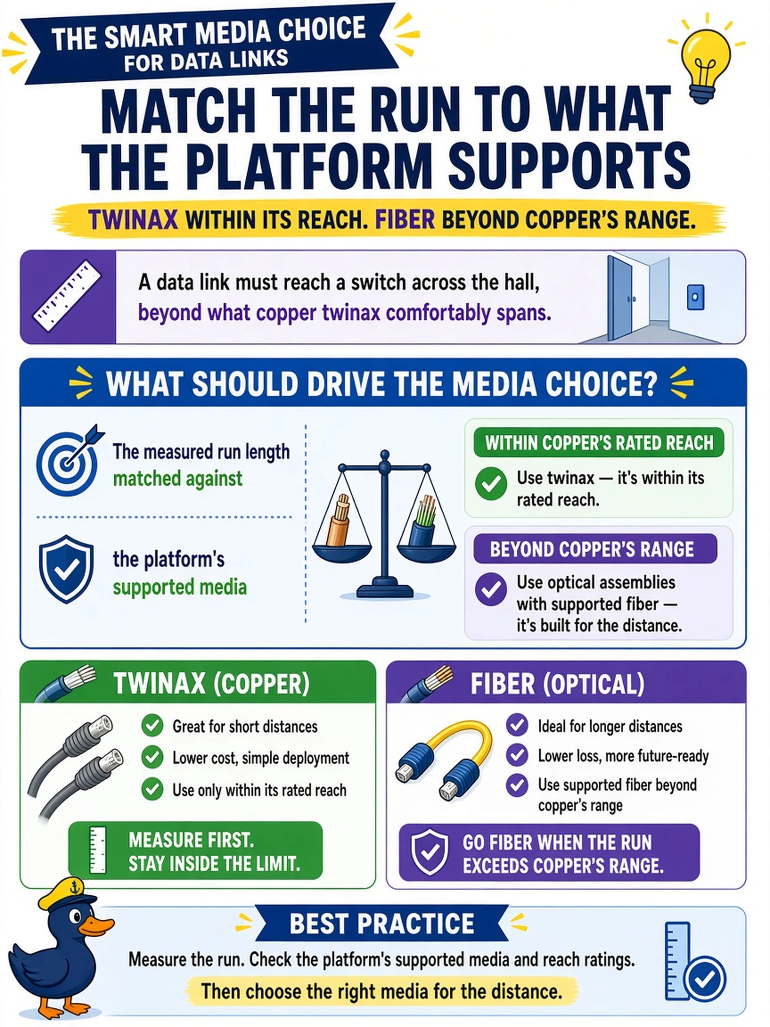 To Create an exciting colorful infographic that explains the concepts in the question: Question: A data link must reach a switch across the hall, beyond what copper twinax comfortably spans, and the tech is weighing twinax against fiber. What should drive the media choice for this run? Correct Answer: The measured run length matched against the platform's supported media — twinax within its rated reach, optical assemblies with supported fiber for anything beyond copper's range. Put EVERY visible label in double quotes. No people. No A/B/C/D letters. In one of the four corners put a little "Navy Duck".
