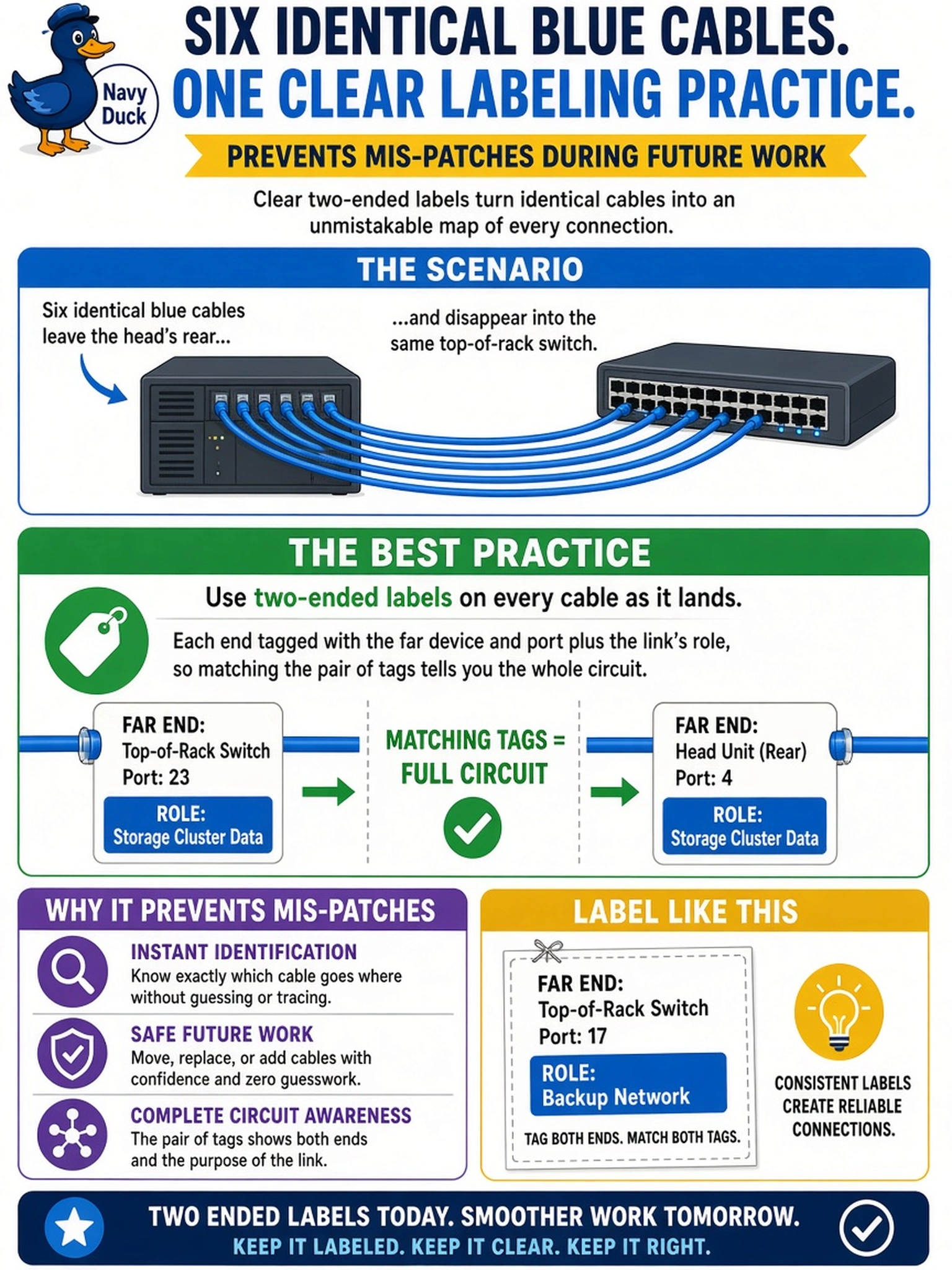 To Create an exciting colorful infographic that explains the concepts in the question: Question: Six identical blue cables leave the head's rear and disappear into the same top-of-rack switch. Which labeling practice prevents a mis-patch during future work? Correct Answer: Two-ended labels on every cable as it lands — each end tagged with the far device and port plus the link's role, so matching the pair of tags tells you the whole circuit. Put EVERY visible label in double quotes. No people. No A/B/C/D letters. In one of the four corners put a little "Navy Duck".