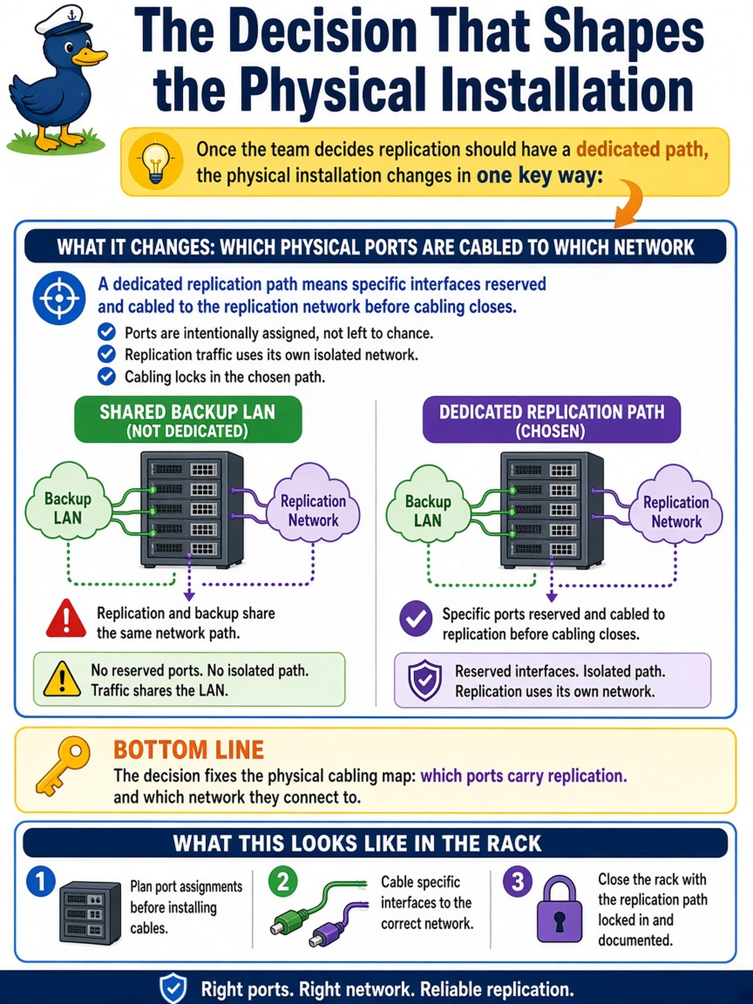To Create an exciting colorful infographic that explains the concepts in the question: Question: At the rack, the team debates whether replication should ride the shared backup LAN or get dedicated ports. Once the decision is made, what does it change about the physical installation? Correct Answer: Which physical ports are cabled to which network — a dedicated replication path means specific interfaces reserved and cabled to the replication network before cabling closes. Put EVERY visible label in double quotes. No people. No A/B/C/D letters. In one of the four corners put a little "Navy Duck".