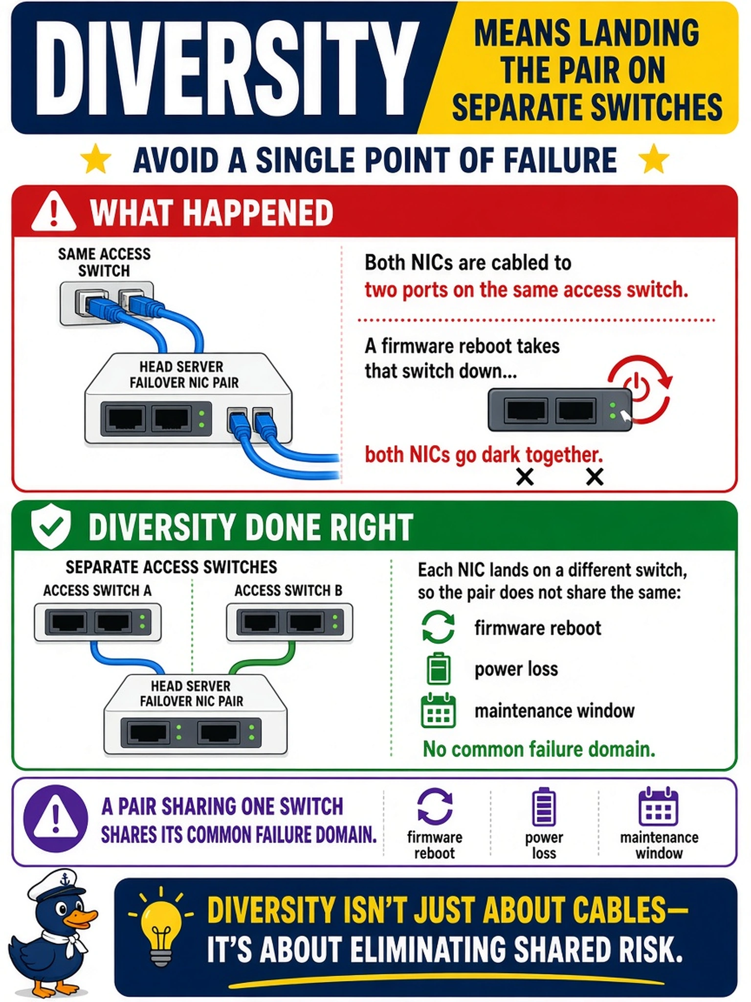 To Create an exciting colorful infographic that explains the concepts in the question: Question: The head's failover NIC pair is cabled to two ports on the same access switch; weeks later a firmware reboot takes that switch down and both NICs go dark together. Which cabling principle was missed? Correct Answer: Diversity means landing the pair on separate switches — a pair sharing one switch shares its firmware reboot, its power loss, and its maintenance window as a common failure domain. Put EVERY visible label in double quotes. No people. No A/B/C/D letters. In one of the four corners put a little "Navy Duck".