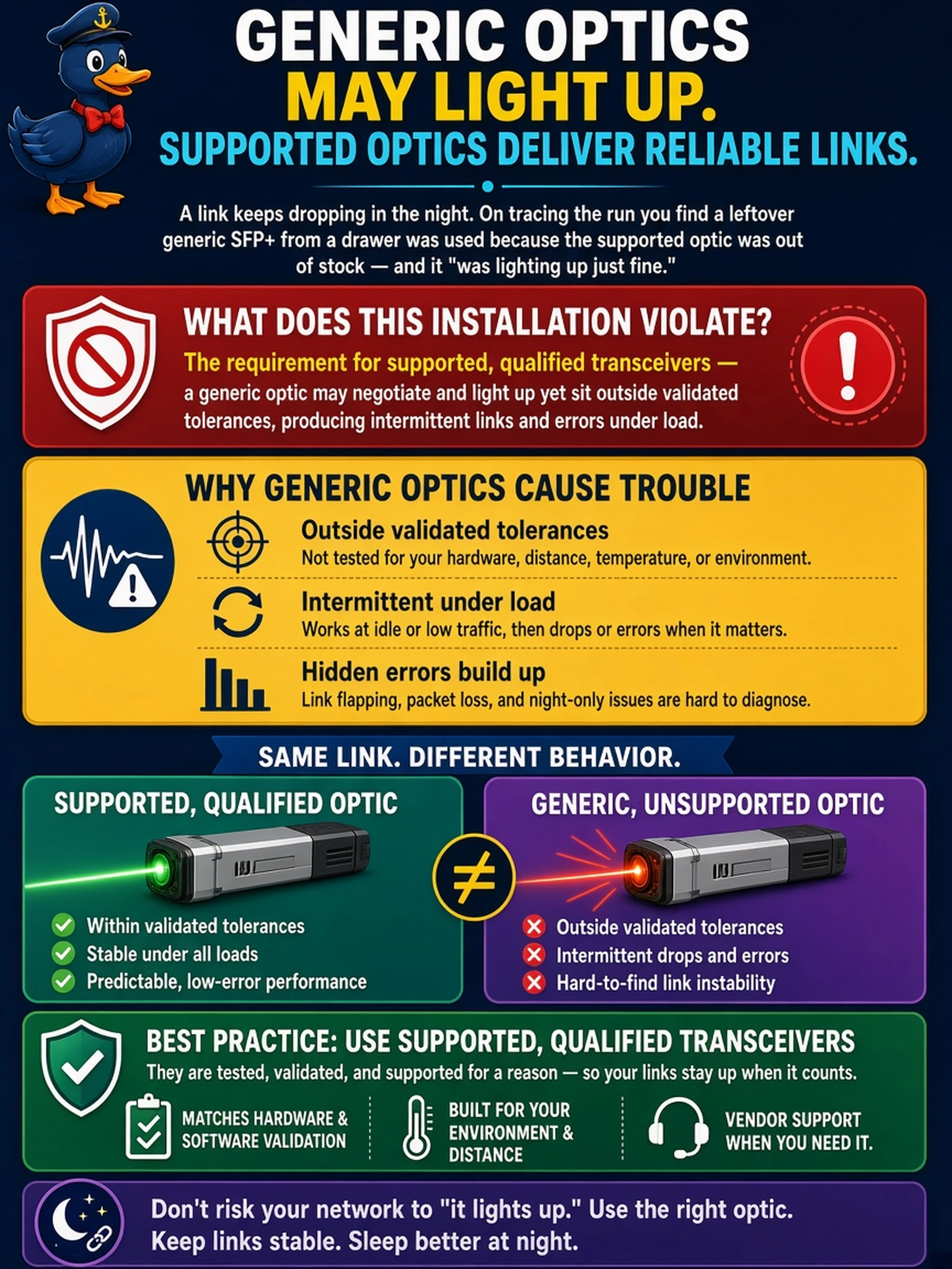 To Create an exciting colorful infographic that explains the concepts in the question: Question: A link keeps dropping in the night. On tracing the run you find a leftover generic SFP+ from a drawer was used because the supported optic was out of stock — and it 'was lighting up just fine.' What does this installation violate? Correct Answer: The requirement for supported, qualified transceivers — a generic optic may negotiate and light up yet sit outside validated tolerances, producing intermittent links and errors under load. Put EVERY visible label in double quotes. No people. No A/B/C/D letters. In one of the four corners put a little "Navy Duck".