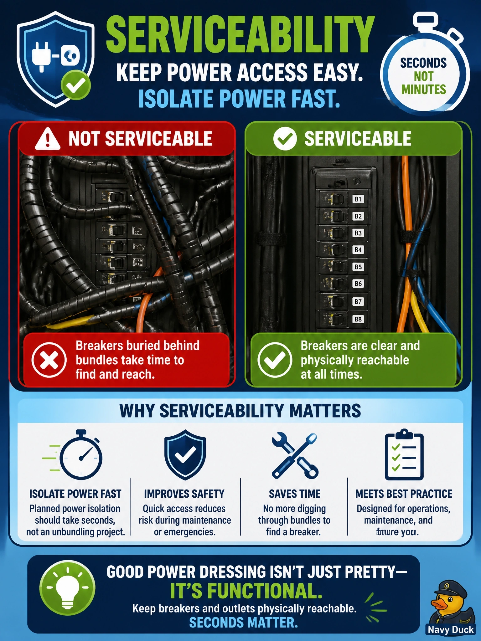 To Create an exciting colorful infographic that explains the concepts in the question: Question: After a beautiful cable-dressing pass, the rack's branch-circuit breakers sit buried behind a bundle of spiral-wrapped power cords. What did the dressing job violate? Correct Answer: Serviceability: power dressing must keep breakers and outlets physically reachable, because planned power isolation should take seconds, not an unbundling project. Put EVERY visible label in double quotes. No people. No A/B/C/D letters. In one of the four corners put a little "Navy Duck".