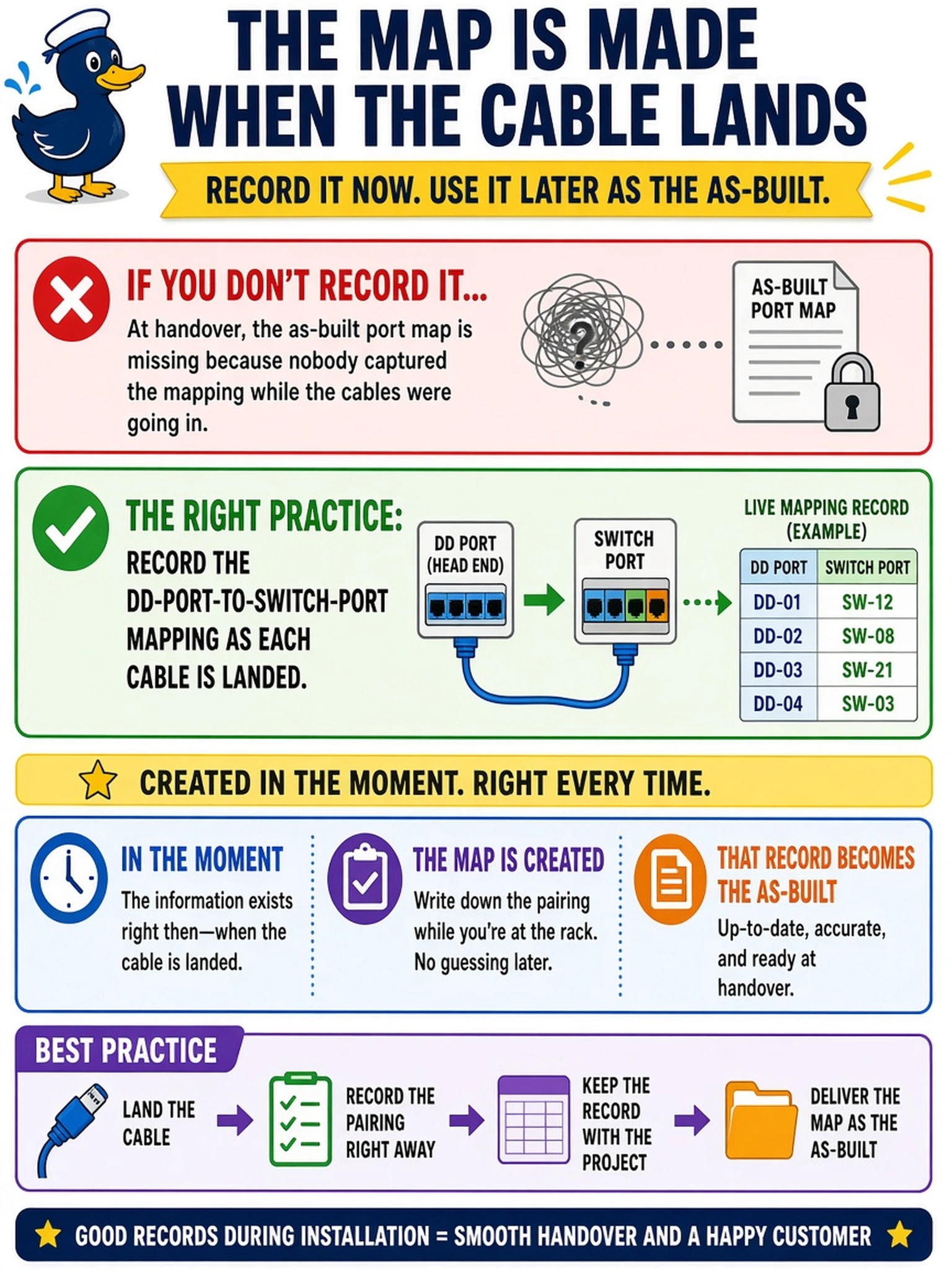 To Create an exciting colorful infographic that explains the concepts in the question: Question: At handover the customer asks for the as-built port map, and the team realizes nobody recorded which head port lands on which switch port while the cables were going in. What practice does this failure point to? Correct Answer: Recording the DD-port-to-switch-port mapping as each cable is landed — the map is created in the moment the information exists, and that record becomes the as-built. Put EVERY visible label in double quotes. No people. No A/B/C/D letters. In one of the four corners put a little "Navy Duck".