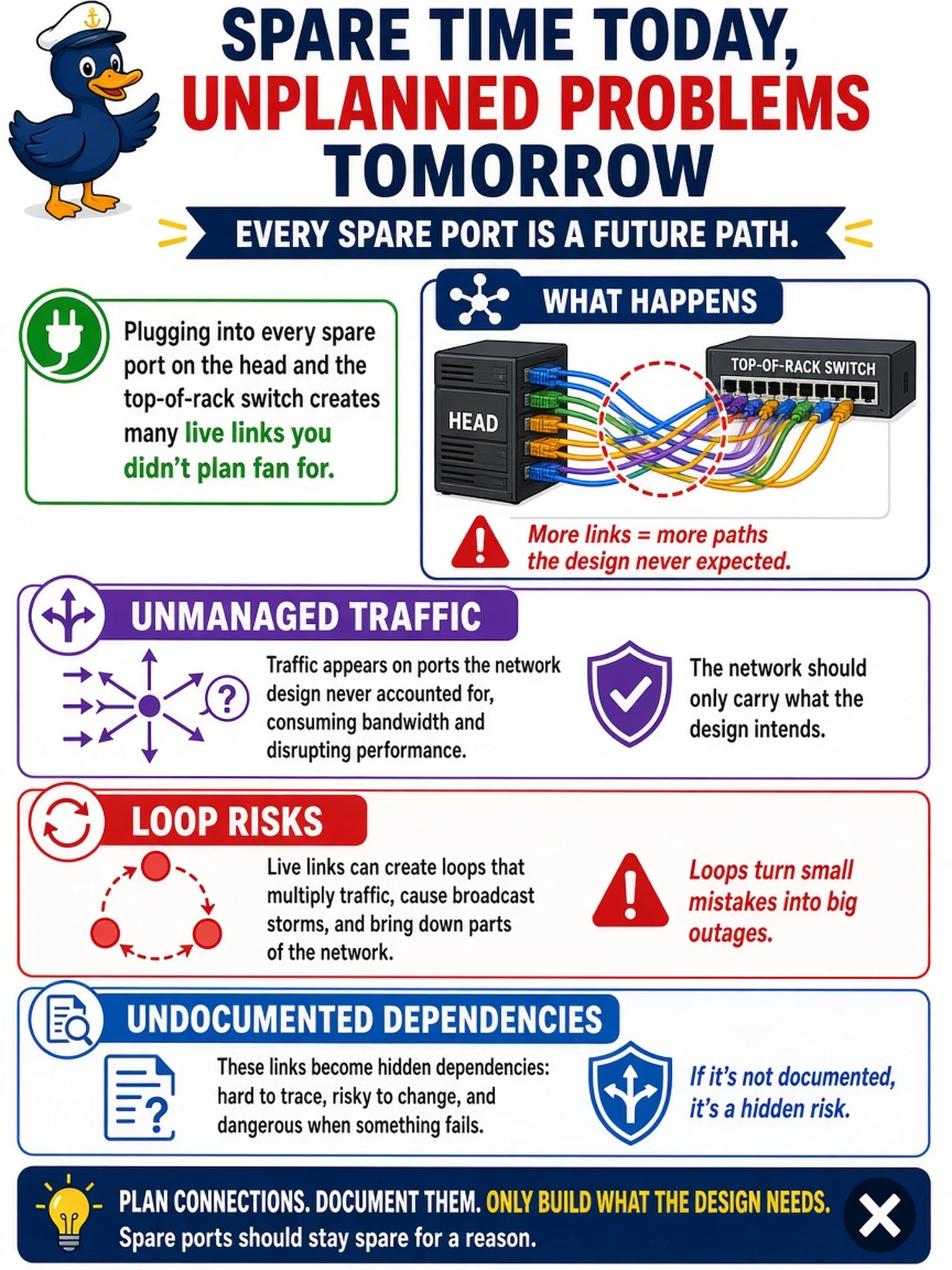 To Create an exciting colorful infographic that explains the concepts in the question: Question: With spare time at the rack, a technician plugs patch cords into every remaining spare port on the head and the top-of-rack switch, 'in case they're needed later.' What is the strongest reason not to do this? Correct Answer: An unplanned live link is an unintended path: unmanaged traffic, loops, and undocumented dependencies appear on interfaces the design never accounted for. Put EVERY visible label in double quotes. No people. No A/B/C/D letters. In one of the four corners put a little "Navy Duck".