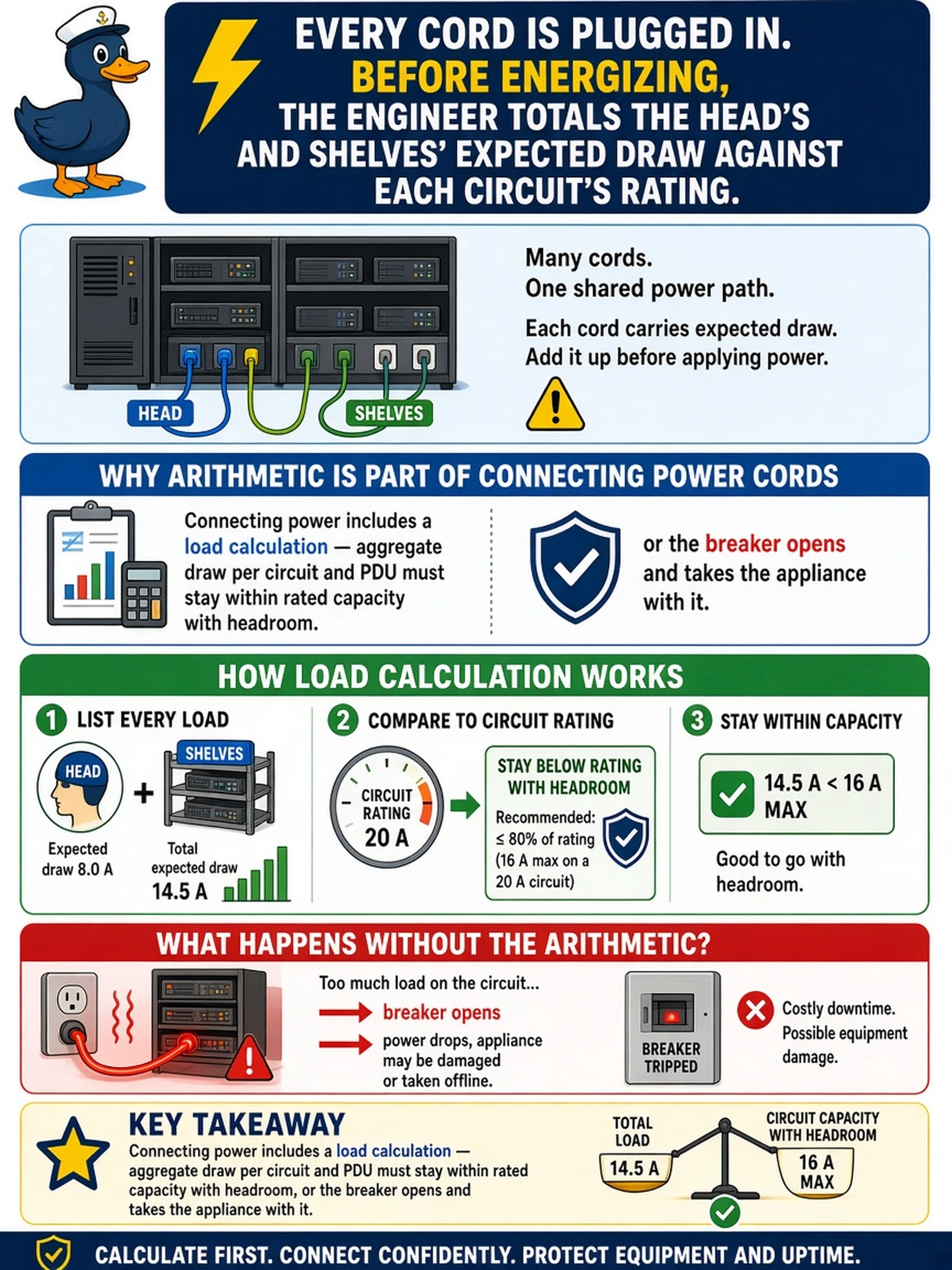 To Create an exciting colorful infographic that explains the concepts in the question: Question: Every cord in the stack is plugged in, and before energizing, the engineer totals the head's and shelves' expected draw against each circuit's rating. Why is this arithmetic part of connecting power cords? Correct Answer: Connecting power includes a load calculation — aggregate draw per circuit and PDU must stay within rated capacity with headroom, or the breaker opens and takes the appliance with it. Put EVERY visible label in double quotes. No people. No A/B/C/D letters. In one of the four corners put a little "Navy Duck".