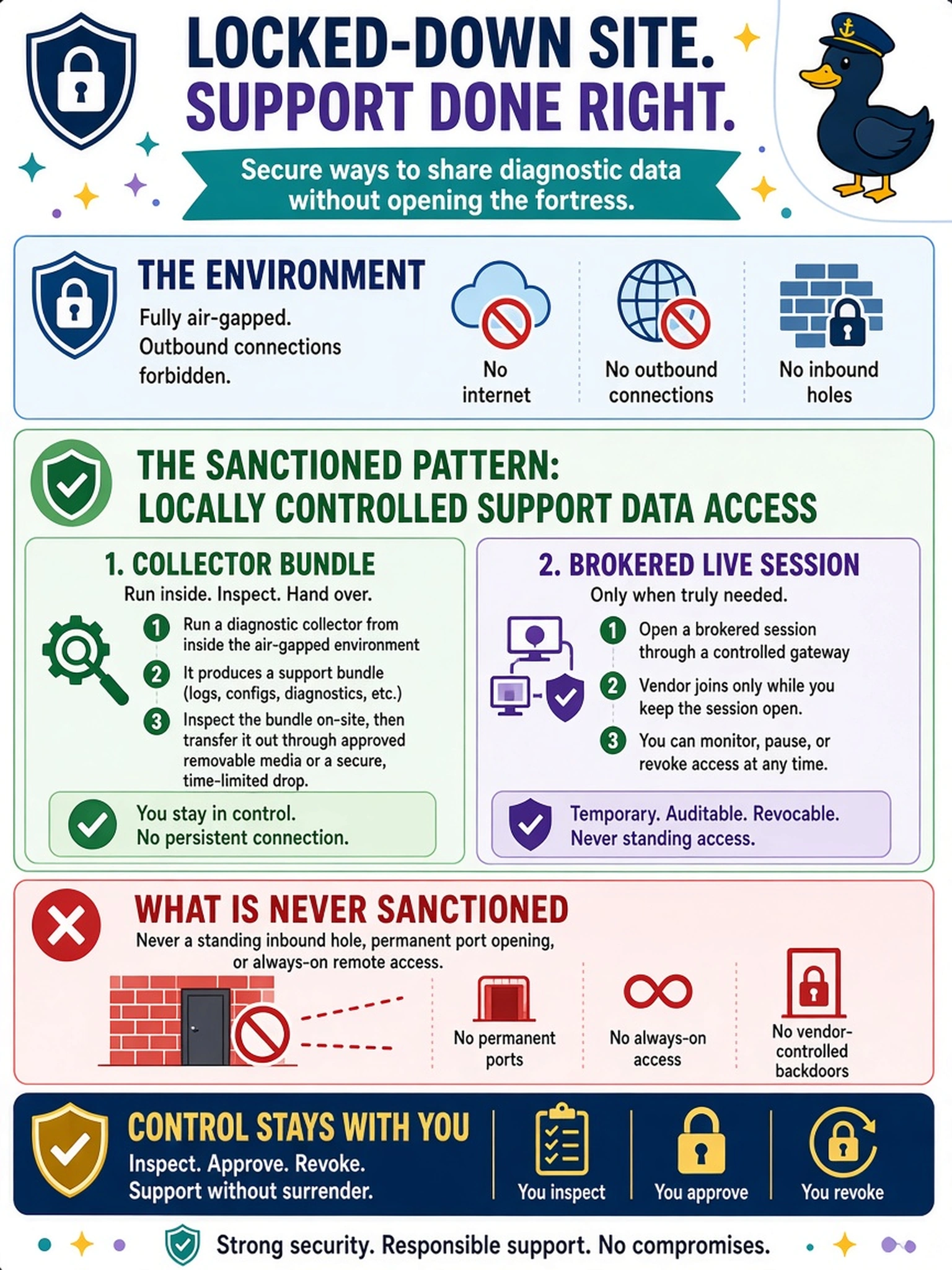To Create an exciting colorful infographic that explains the concepts in the question: Question: The data center is fully air-gapped and outbound connections are forbidden, yet vendor support will need diagnostic data someday. What access pattern is the sanctioned one for such a locked-down site? Correct Answer: Locally controlled support data access — a collector run from inside that produces a bundle you can inspect and hand over, or, when a live session is truly needed, a brokered session that you open and can revoke at will, never a standing inbound hole. Put EVERY visible label in double quotes. No people. No A/B/C/D letters. In one of the four corners put a little "Navy Duck".