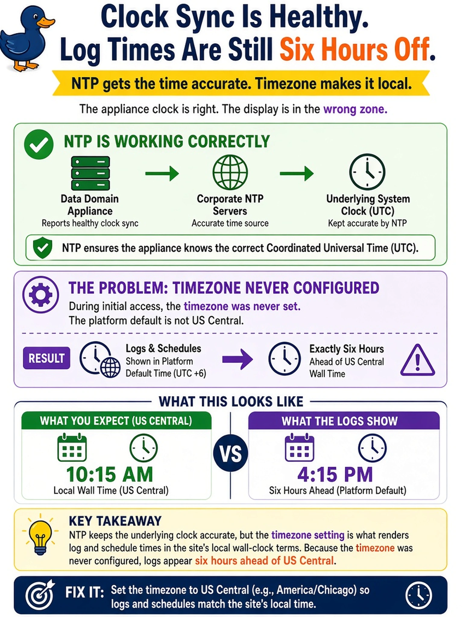 To Create an exciting colorful infographic that explains the concepts in the question: Question: The new Data Domain appliance reports healthy clock sync with the corporate NTP servers, yet every support case pulled from it shows log timestamps exactly six hours ahead of what the on-site team expects for their US Central site. What is the most likely cause? Correct Answer: The timezone was never configured during initial access — NTP keeps the underlying clock accurate, but the timezone setting is what renders log and schedule times in the site's local wall-clock terms, and the platform default is not the customer's region. Put EVERY visible label in double quotes. No people. No A/B/C/D letters. In one of the four corners put a little "Navy Duck".