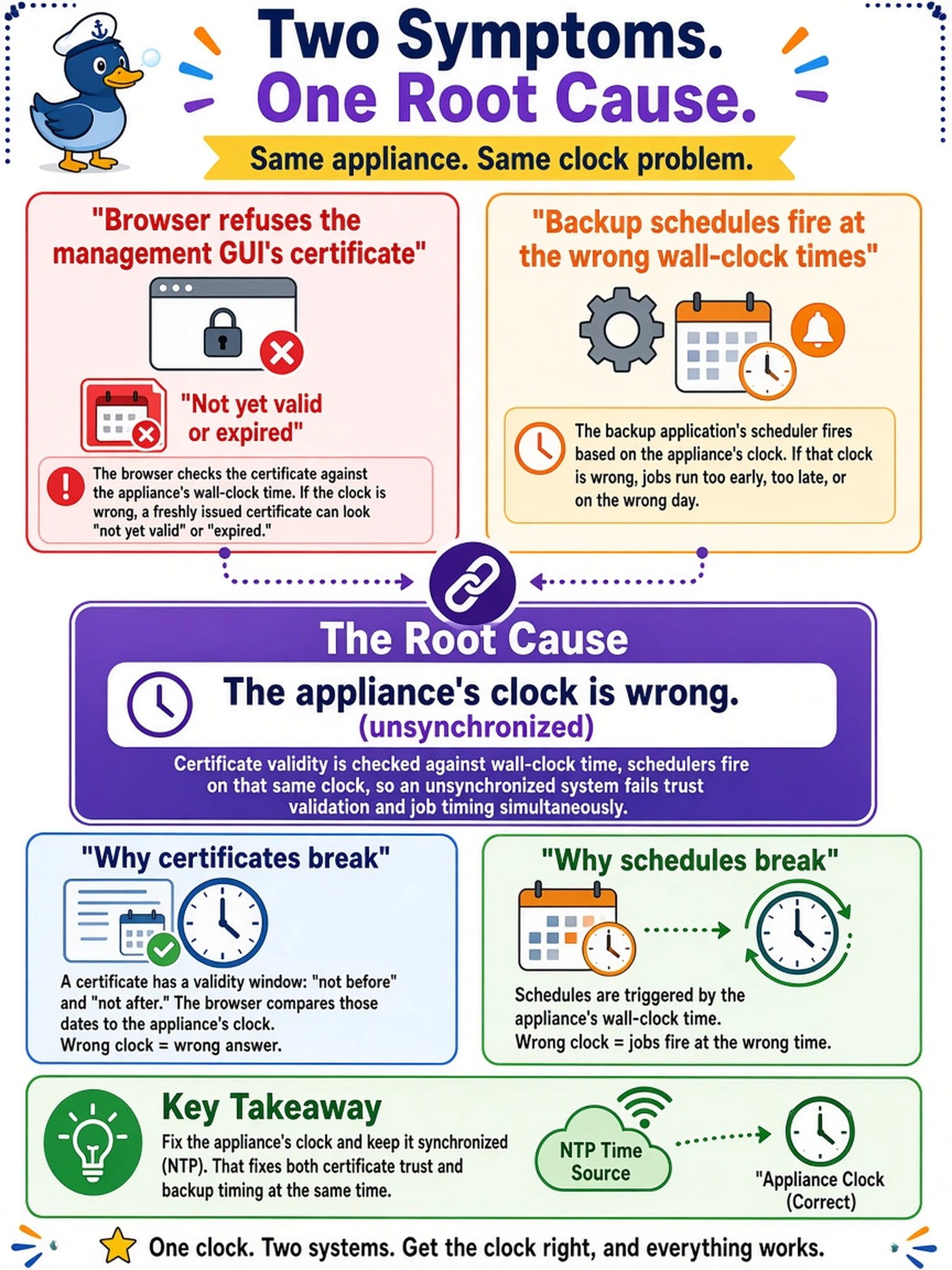 To Create an exciting colorful infographic that explains the concepts in the question: Question: A browser refuses the management GUI's freshly issued certificate as not yet valid or expired, and the backup application's schedules fire at the wrong wall-clock times on the same appliance. What single root cause links these symptoms? Correct Answer: The appliance's clock is wrong — certificate validity is checked against wall-clock time, schedulers fire on that same clock, so an unsynchronized system fails trust validation and job timing simultaneously. Put EVERY visible label in double quotes. No people. No A/B/C/D letters. In one of the four corners put a little "Navy Duck".