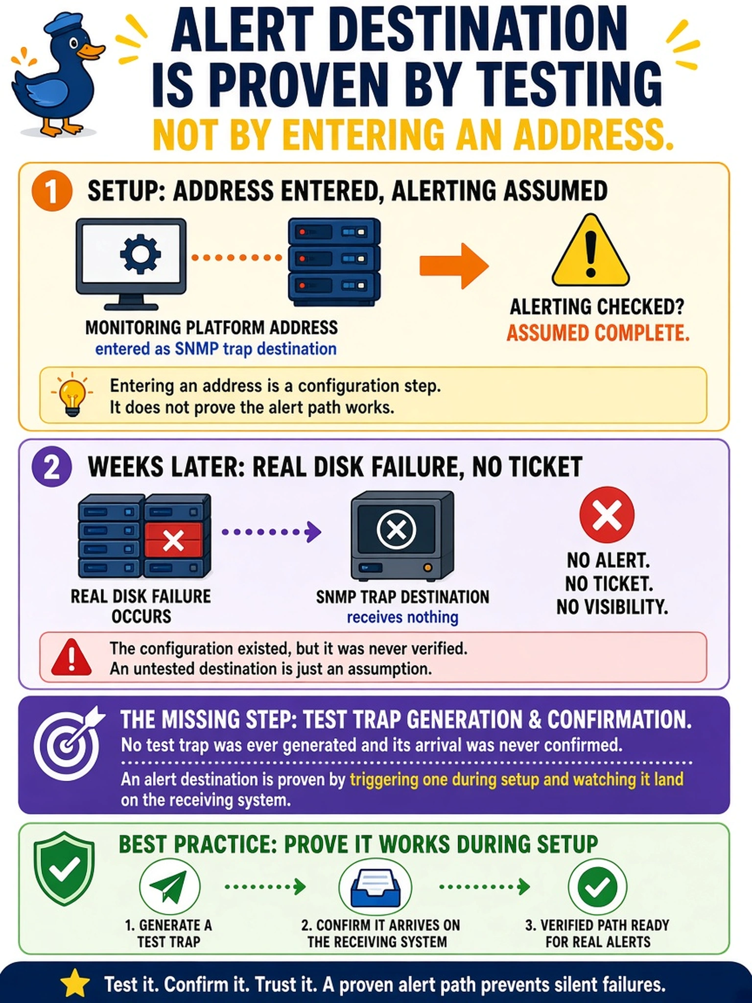 To Create an exciting colorful infographic that explains the concepts in the question: Question: An engineer enters the monitoring platform's address as the SNMP trap destination during setup and considers alerting complete. The first real disk failure weeks later produces no ticket at all. Which step turned a configuration into an assumption? Correct Answer: No test trap was ever generated and its arrival was never confirmed — an alert destination is proven by triggering one during setup and watching it land on the receiving system, not by entering an address. Put EVERY visible label in double quotes. No people. No A/B/C/D letters. In one of the four corners put a little "Navy Duck".