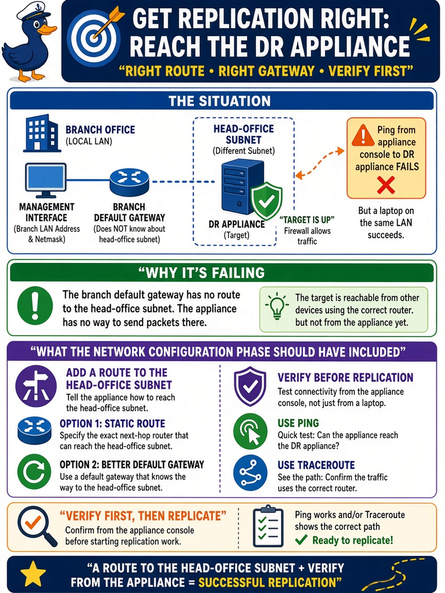 To Create an exciting colorful infographic that explains the concepts in the question: Question: During commissioning of a branch-office Data Domain you plan replication to the DR appliance at head office. The management interface is configured with the branch LAN's address and netmask and the branch's default gateway, yet the head-office target subnet is only reachable through a different router that the branch gateway does not know about. The target is up and its firewall permits the traffic, but a ping from the appliance console to the target fails while a laptop on the same LAN succeeds. What should the network configuration phase have included? Correct Answer: A route to the head-office subnet, either a static route naming the correct next-hop router or a default gateway that actually leads there, verified with ping or traceroute from the appliance console before replication work begins. Put EVERY visible label in double quotes. No people. No A/B/C/D letters. In one of the four corners put a little "Navy Duck".