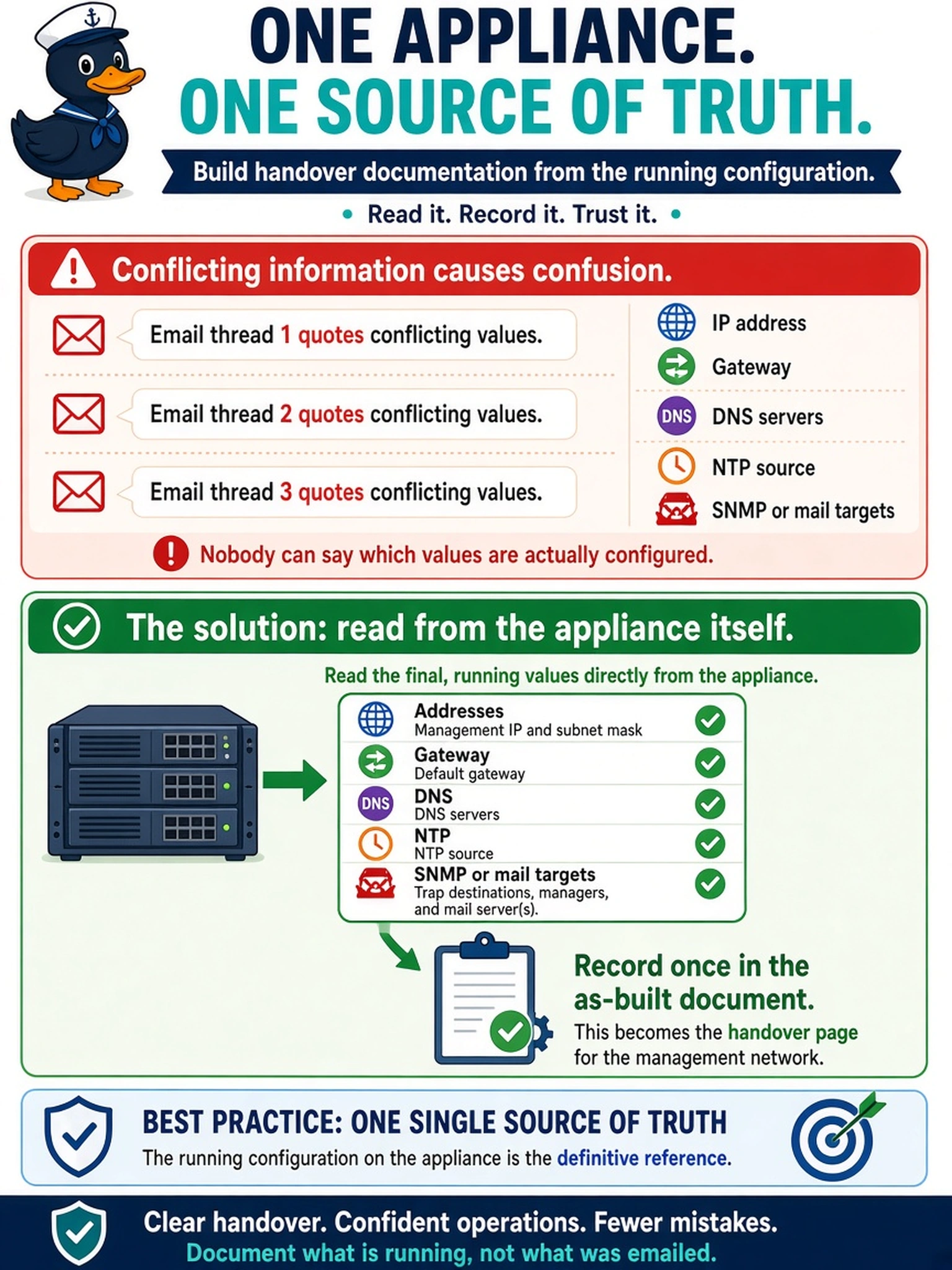 To Create an exciting colorful infographic that explains the concepts in the question: Question: The acceptance packet for a just-commissioned Data Domain needs a definitive management-network page, but three email threads quote conflicting IP addresses, gateway, DNS servers, NTP source, and SNMP or mail targets, and nobody can say which values are actually configured. What should the handover documentation be built from? Correct Answer: The final values should be read back from the appliance itself and recorded once in the as-built document, covering addresses, gateway, DNS, NTP, and any SNMP or mail targets, so the running configuration is the single source of truth. Put EVERY visible label in double quotes. No people. No A/B/C/D letters. In one of the four corners put a little "Navy Duck".