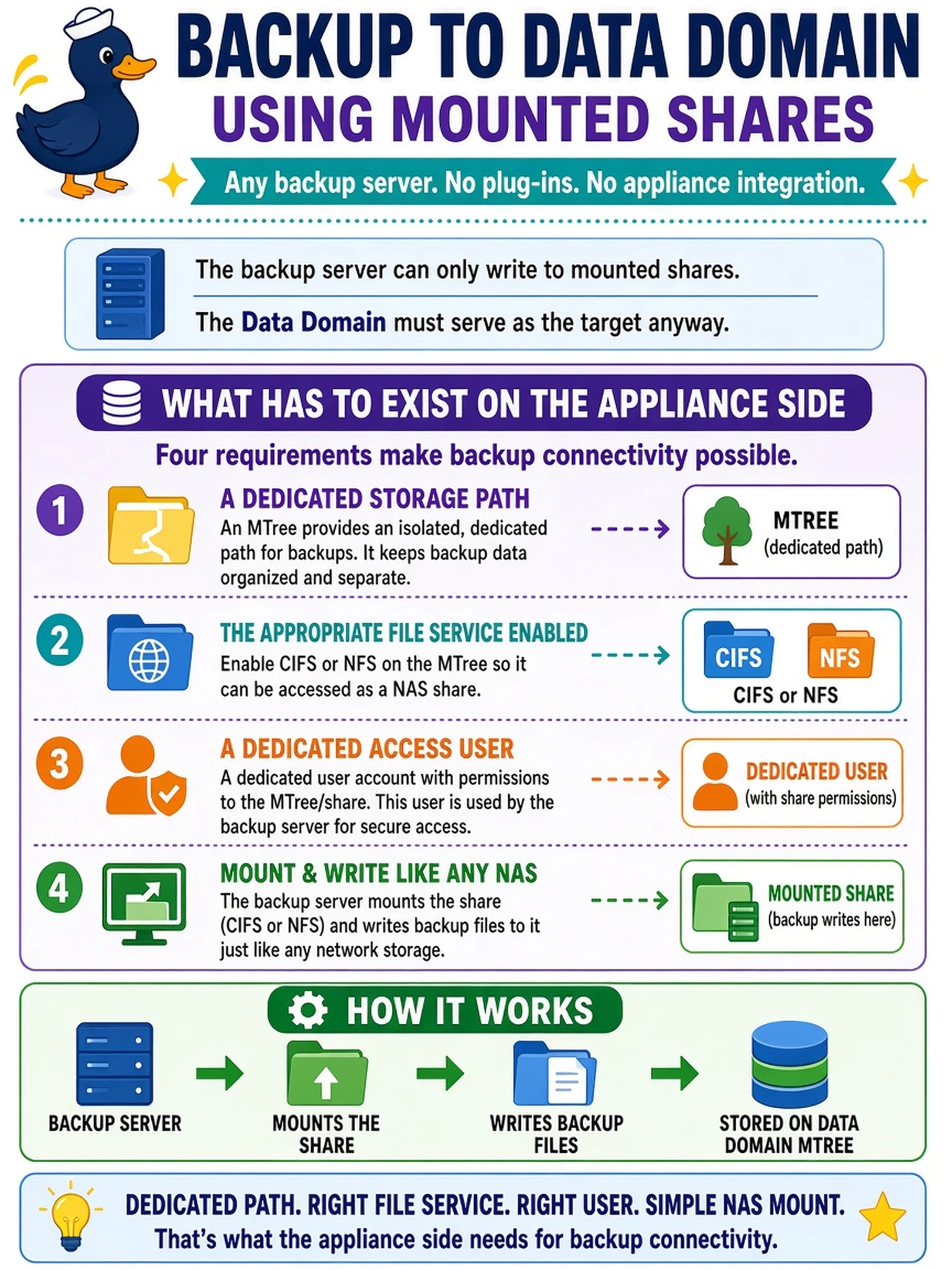 To Create an exciting colorful infographic that explains the concepts in the question: Question: A small virtualization shop runs a backup server that can only write its backup files to mounted shares; the product offers no plug-in or appliance integration of any kind. The new Data Domain must serve as the target anyway. What has to exist on the appliance side for this backup connectivity? Correct Answer: A dedicated storage path, an MTree, with the appropriate file service enabled, CIFS or NFS, plus a dedicated access user, so the backup server mounts the share and writes to it like any NAS. Put EVERY visible label in double quotes. No people. No A/B/C/D letters. In one of the four corners put a little "Navy Duck".