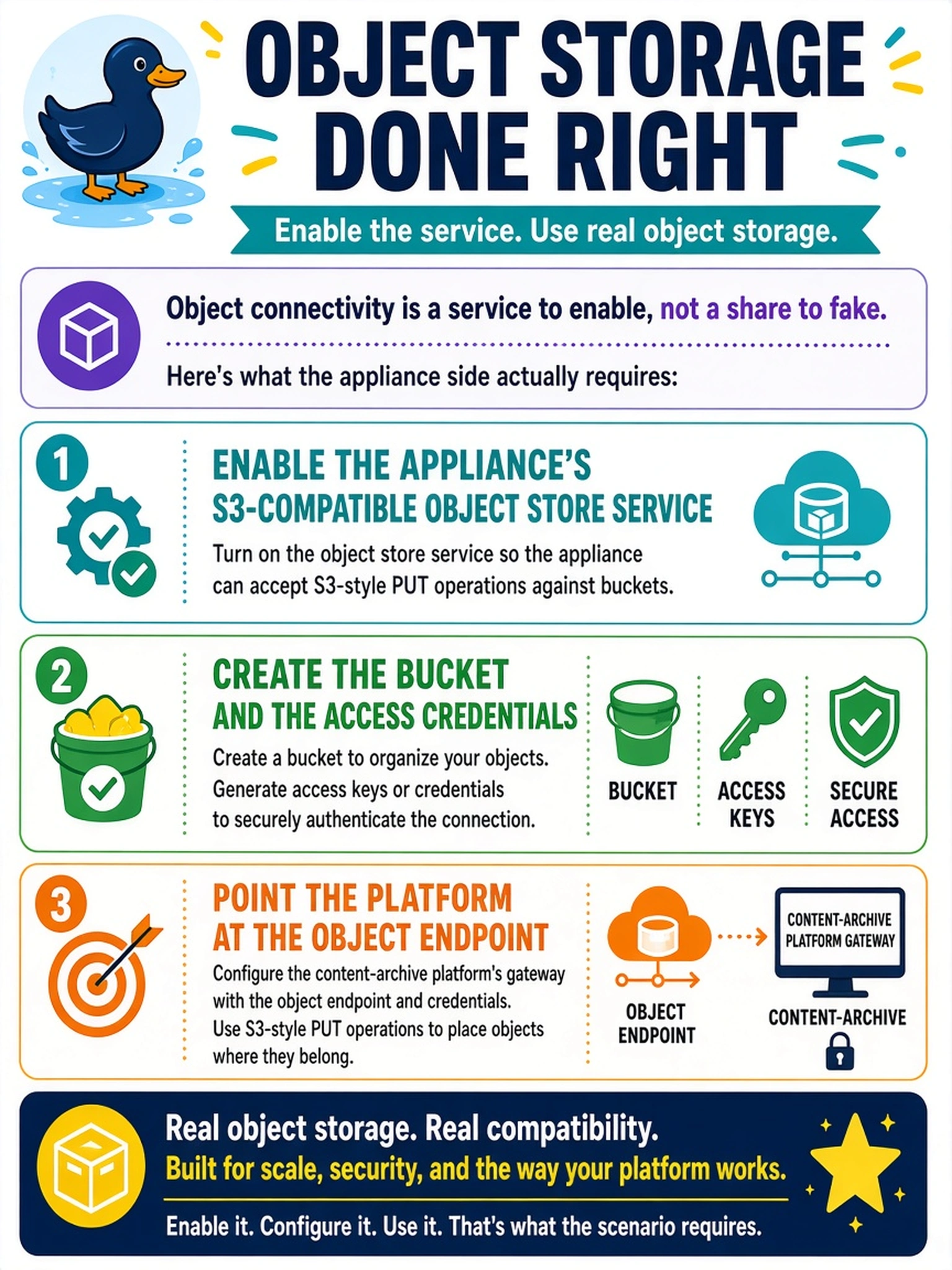 To Create an exciting colorful infographic that explains the concepts in the question: Question: A content-archive platform needs to place objects on the new Data Domain using S3-style PUT operations against buckets. One engineer proposes carving out a CIFS share instead and having the platform's gateway drop files onto it, calling that close enough to object storage. What does the scenario actually require on the appliance side? Correct Answer: Enable the appliance's S3-compatible object store service, create the bucket and the access credentials, and point the platform at the object endpoint, since object connectivity is a service to enable, not a share to fake. Put EVERY visible label in double quotes. No people. No A/B/C/D letters. In one of the four corners put a little "Navy Duck".