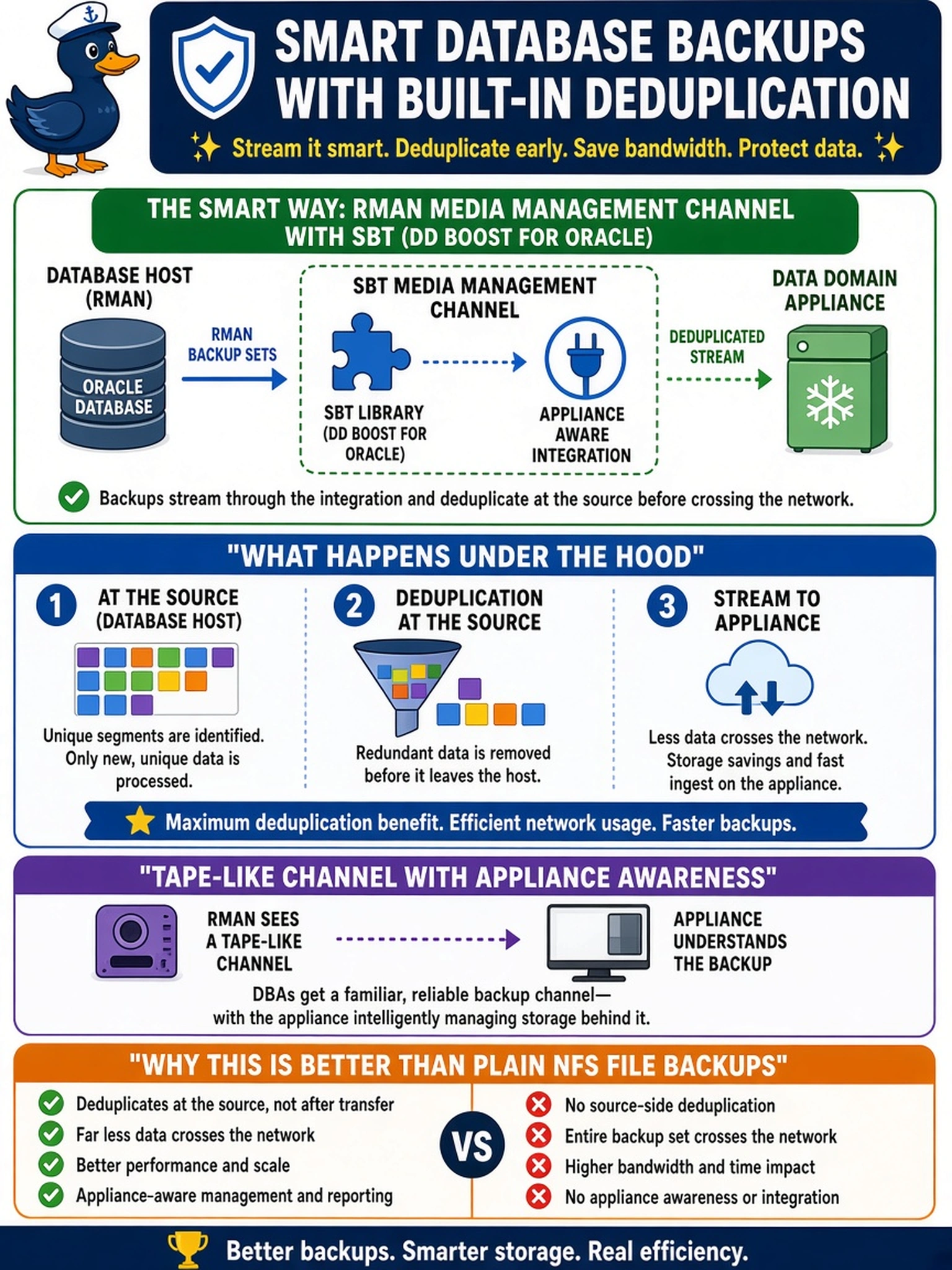 To Create an exciting colorful infographic that explains the concepts in the question: Question: The DBA team wants Oracle RMAN backups landing on the new Data Domain with the full deduplication benefit. They have mounted an NFS export from the appliance on the database hosts and propose writing RMAN backup sets to that filesystem as plain files. What should the deployment do instead for proper database-level connectivity? Correct Answer: Use RMAN's media management channel, the SBT library provided through DD Boost for Oracle, so backups stream through the integration and deduplicate at the source before crossing the network, giving the DBAs a tape-like channel with appliance awareness. Put EVERY visible label in double quotes. No people. No A/B/C/D letters. In one of the four corners put a little "Navy Duck".