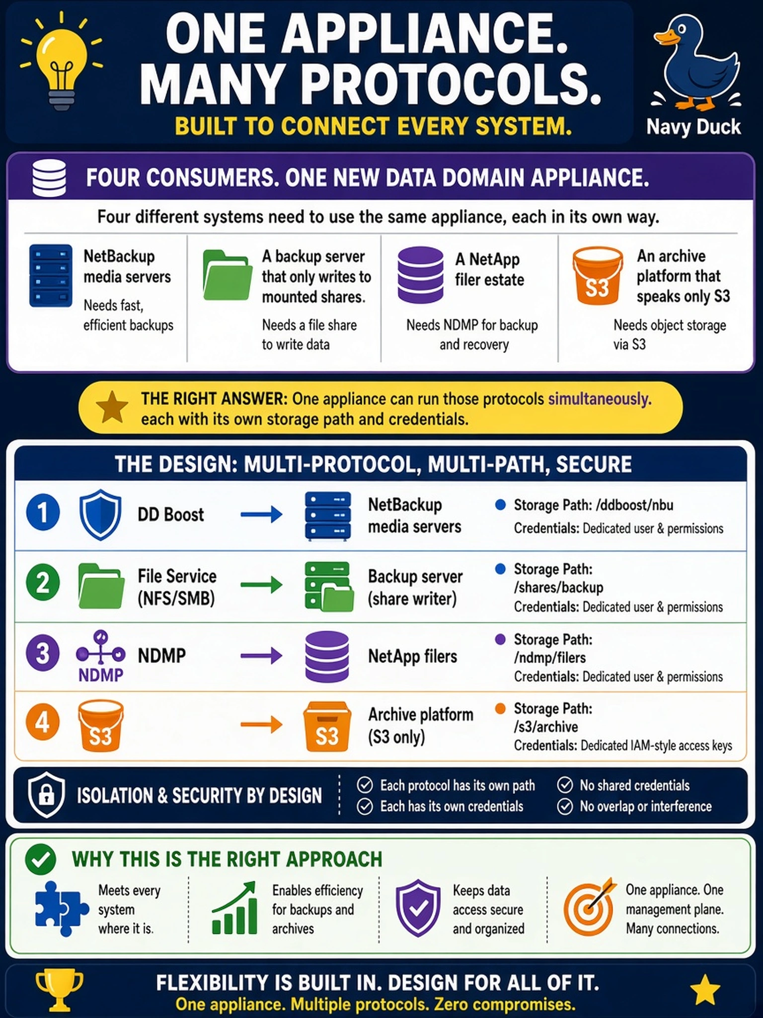 To Create an exciting colorful infographic that explains the concepts in the question: Question: Four consumers request the same new Data Domain: NetBackup media servers, a backup server that only writes to mounted shares, a NetApp filer estate, and an archive platform that speaks only S3. A junior engineer asks which single protocol the appliance should therefore be deployed with. What is the right answer? Correct Answer: One appliance can run those protocols simultaneously, so the design enables DD Boost for NetBackup, a file service for the share-writer, NDMP for the filers, and S3 for the archive, each with its own storage path and credentials. Put EVERY visible label in double quotes. No people. No A/B/C/D letters. In one of the four corners put a little "Navy Duck".