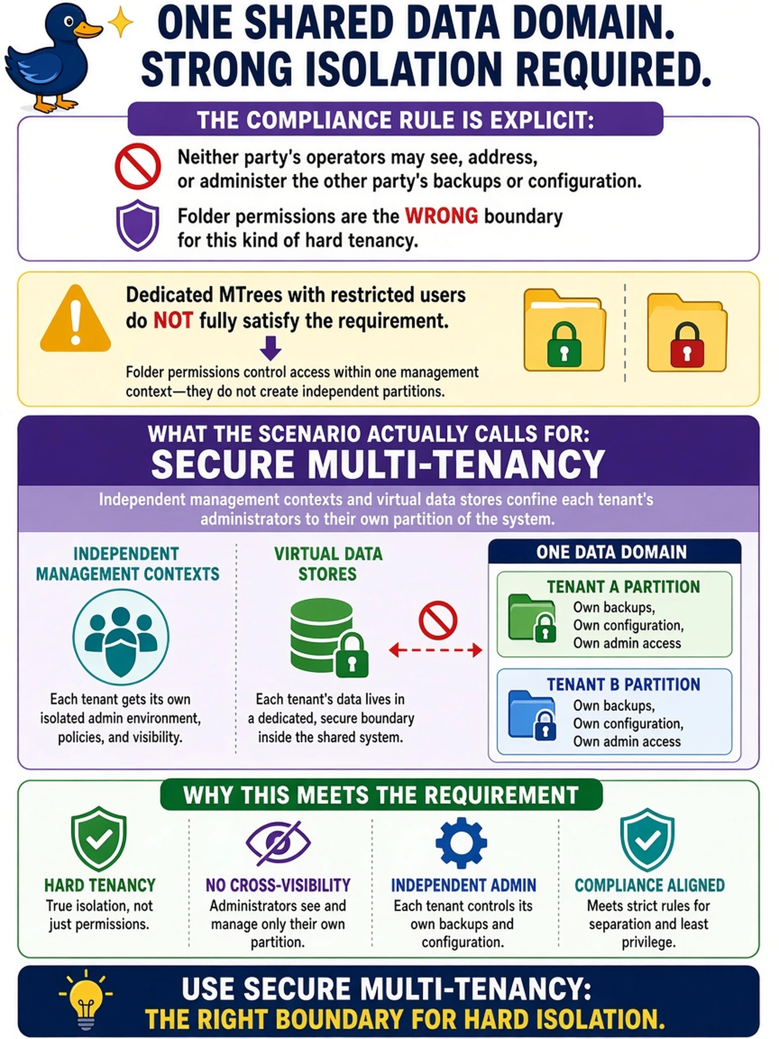 To Create an exciting colorful infographic that explains the concepts in the question: Question: A managed service provider and an internal department are to share one Data Domain. The compliance rule is explicit: neither party's operators may see, address, or administer the other party's backups or configuration. The administrator asks whether dedicated MTrees with carefully restricted users already satisfy that requirement. What does the scenario actually call for? Correct Answer: Folder permissions are the wrong boundary for this kind of hard tenancy, because the requirement calls for Secure Multi-Tenancy, where independent management contexts and virtual data stores confine each tenant's administrators to their own partition of the system. Put EVERY visible label in double quotes. No people. No A/B/C/D letters. In one of the four corners put a little "Navy Duck".