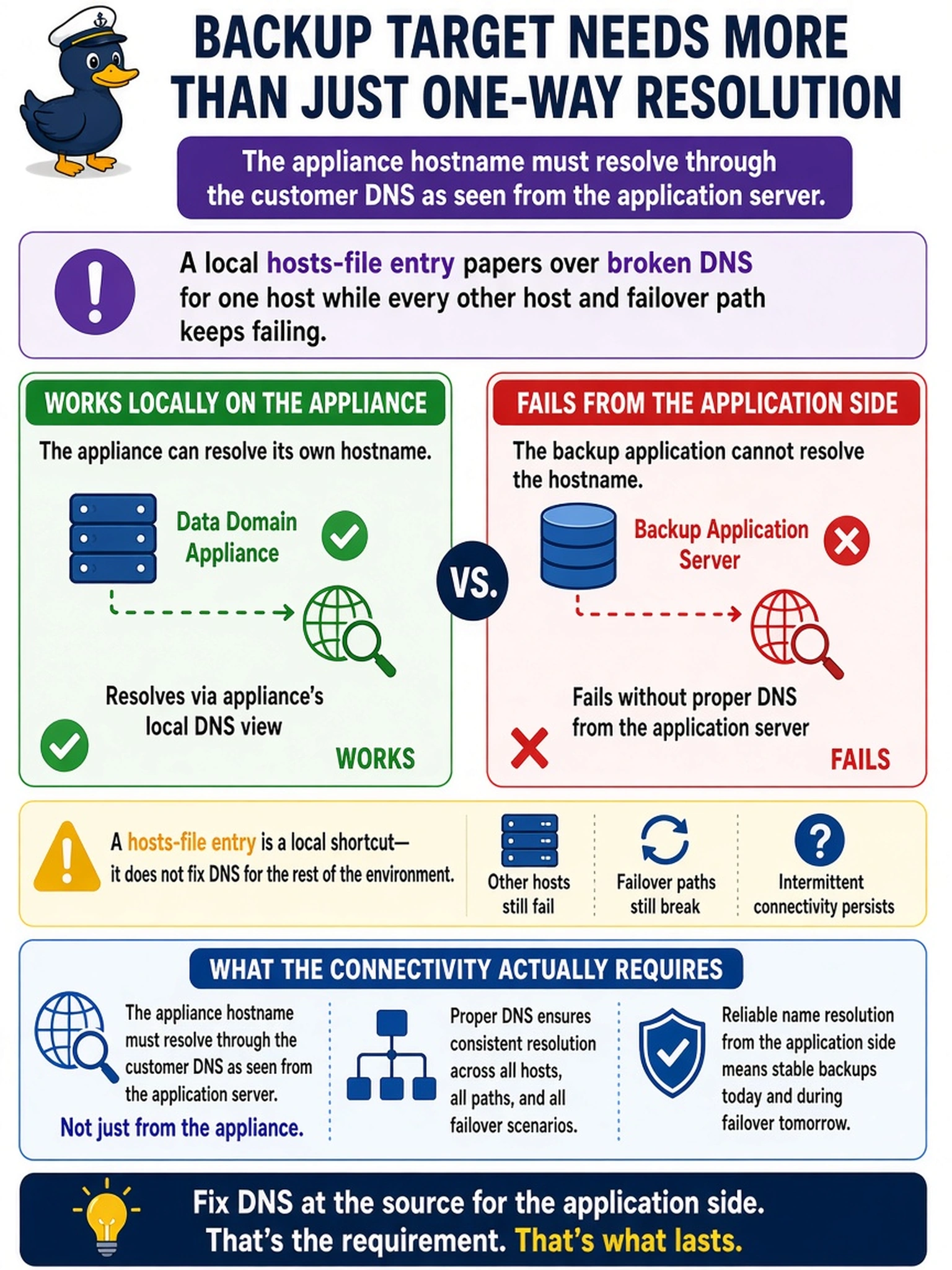 To Create an exciting colorful infographic that explains the concepts in the question: Question: A backup application's configuration wizard rejects the Data Domain's hostname during target setup, yet the engineer can resolve that name from the appliance itself without trouble. To unblock the ticket before the shift ends, the engineer adds a hosts-file entry on the application server and moves on. What does the scenario's connectivity actually require? Correct Answer: Proper name resolution from the application side, meaning the appliance's hostname must resolve through the customer's DNS as seen from the application server, because a local hosts entry papers over broken DNS for one host while every other host and failover path keeps failing. Put EVERY visible label in double quotes. No people. No A/B/C/D letters. In one of the four corners put a little "Navy Duck".