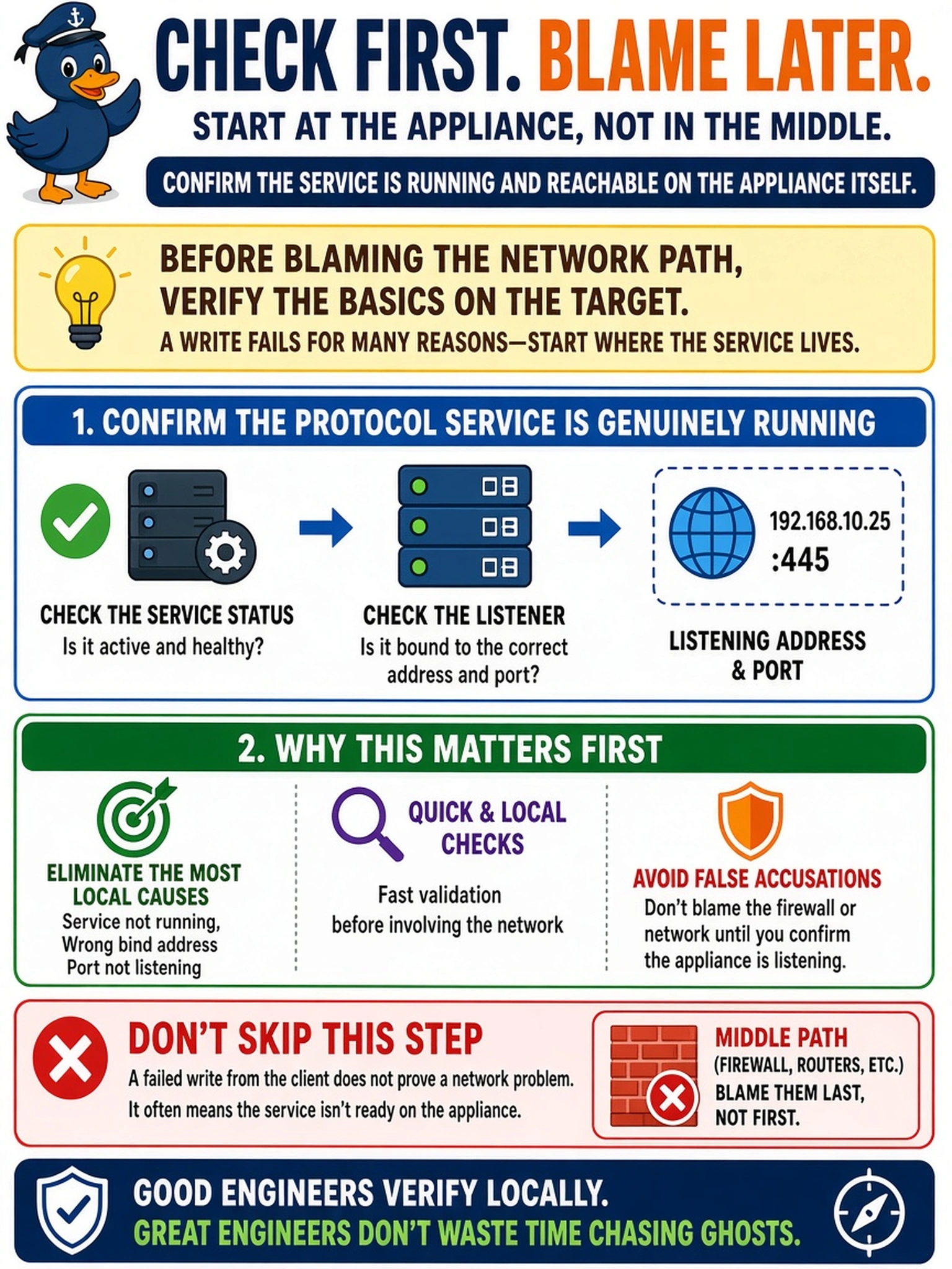 To Create an exciting colorful infographic that explains the concepts in the question: Question: An engineer enables a file protocol in the appliance's settings, runs the first test write from a client within ten seconds, and when the write fails immediately opens a network ticket accusing the intermediate firewall. Before blaming anything in the middle of the path, what should have been confirmed first? Correct Answer: That the protocol service is genuinely running and listening on the appliance itself, checking the service's status and its listener's address and port, before pointing at anything between client and target. Put EVERY visible label in double quotes. No people. No A/B/C/D letters. In one of the four corners put a little "Navy Duck".