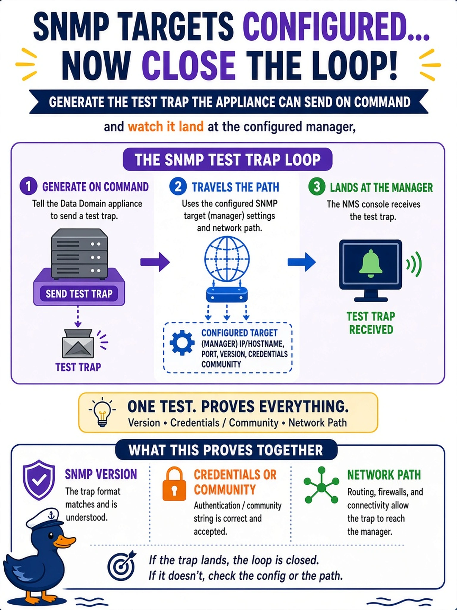 To Create an exciting colorful infographic that explains the concepts in the question: Question: SNMP targets were configured on a new Data Domain during bring-up, and the NMS console has received nothing yet. What closes the loop on SNMP during basic testing? Correct Answer: Generate the test trap the appliance can send on command and watch it land at the configured manager, proving version, credentials or community, and network path together. Put EVERY visible label in double quotes. No people. No A/B/C/D letters. In one of the four corners put a little "Navy Duck".