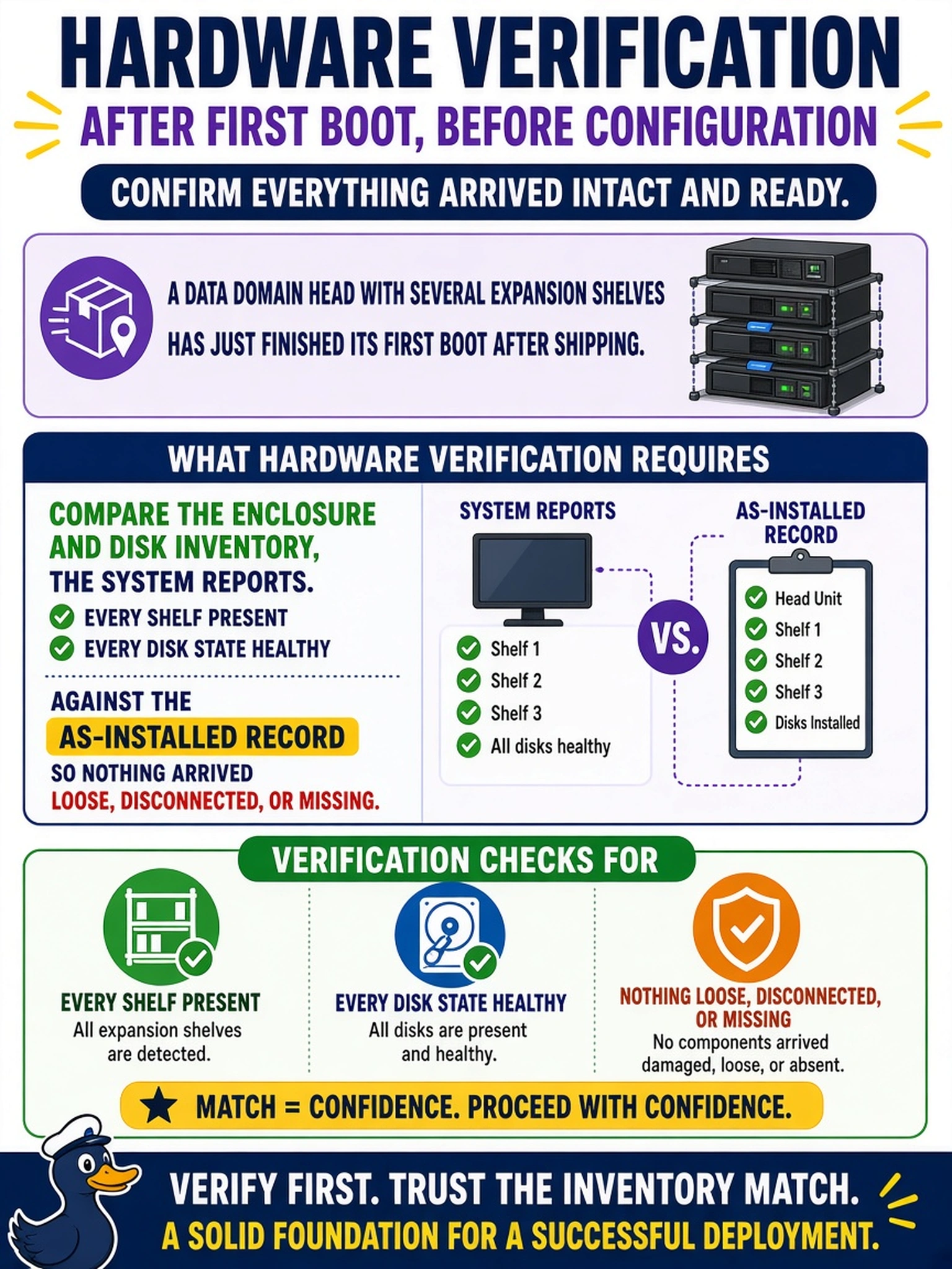 To Create an exciting colorful infographic that explains the concepts in the question: Question: A Data Domain head with several expansion shelves has just finished its first boot after shipping. Before configuration goes any further, what does hardware verification require? Correct Answer: Compare the enclosure and disk inventory the system reports - every shelf present, every disk state healthy - against the as-installed record, so nothing arrived loose, disconnected, or missing. Put EVERY visible label in double quotes. No people. No A/B/C/D letters. In one of the four corners put a little "Navy Duck".