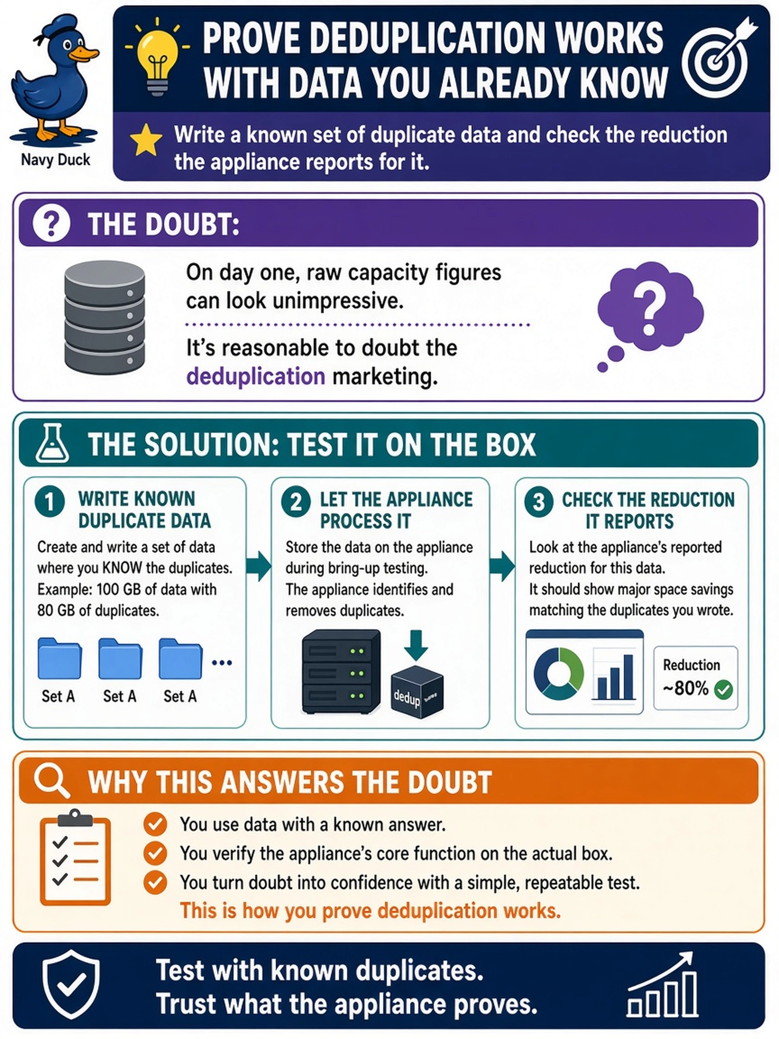 To Create an exciting colorful infographic that explains the concepts in the question: Question: On day one a customer studies the raw capacity figures and openly doubts the deduplication marketing. During bring-up testing, what is a legitimate way to answer that doubt? Correct Answer: Write a known set of duplicate data and check the reduction the appliance reports for it, demonstrating the core function on the actual box with data whose answer you already know. Put EVERY visible label in double quotes. No people. No A/B/C/D letters. In one of the four corners put a little "Navy Duck".