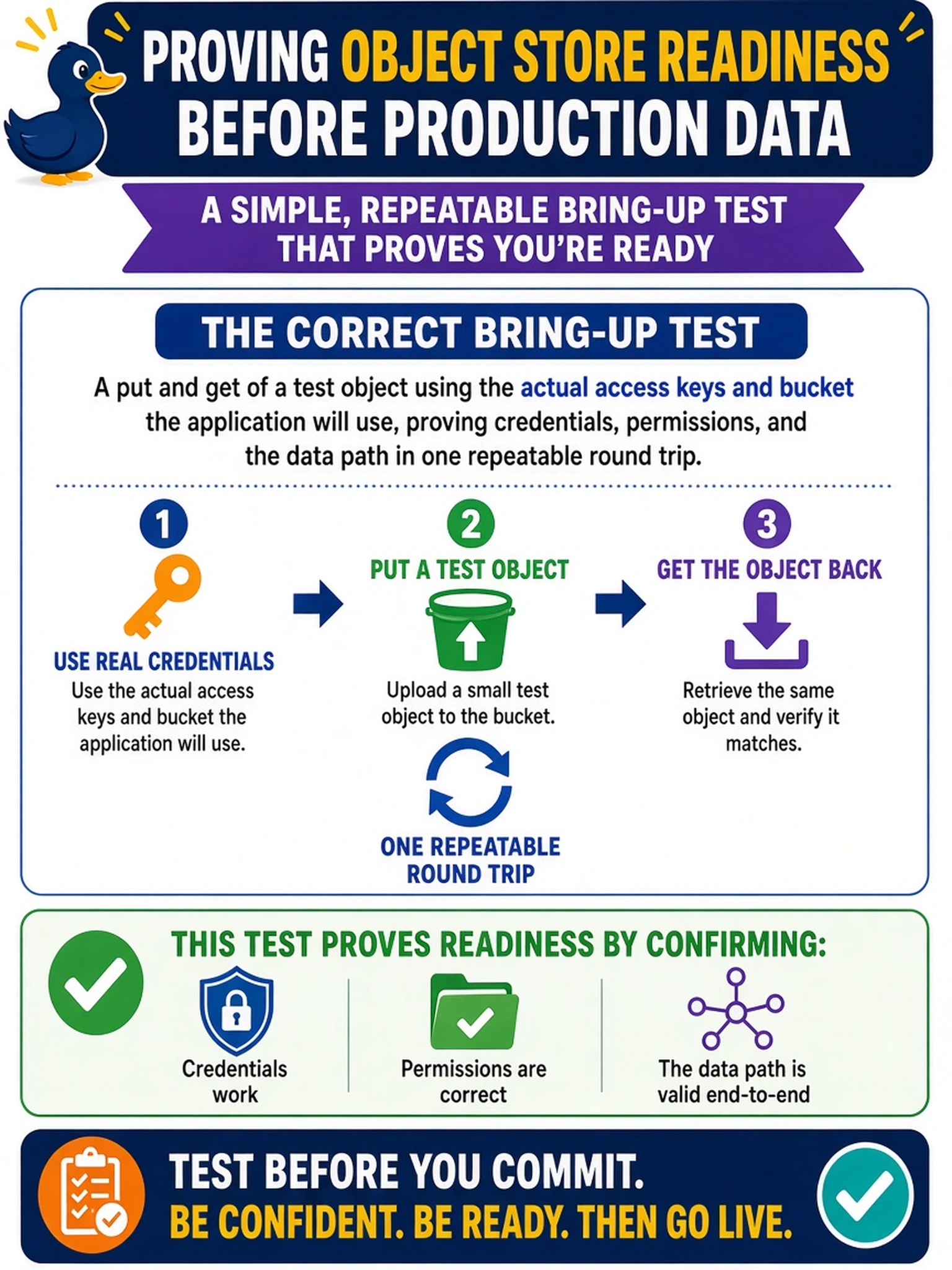 To Create an exciting colorful infographic that explains the concepts in the question: Question: The object store is enabled on a Data Domain for the archive team, and the team's lead asks how readiness will be proven before anyone commits production data. What is the correct bring-up test? Correct Answer: A put and get of a test object using the actual access keys and bucket the application will use, proving credentials, permissions, and the data path in one repeatable round trip. Put EVERY visible label in double quotes. No people. No A/B/C/D letters. In one of the four corners put a little "Navy Duck".