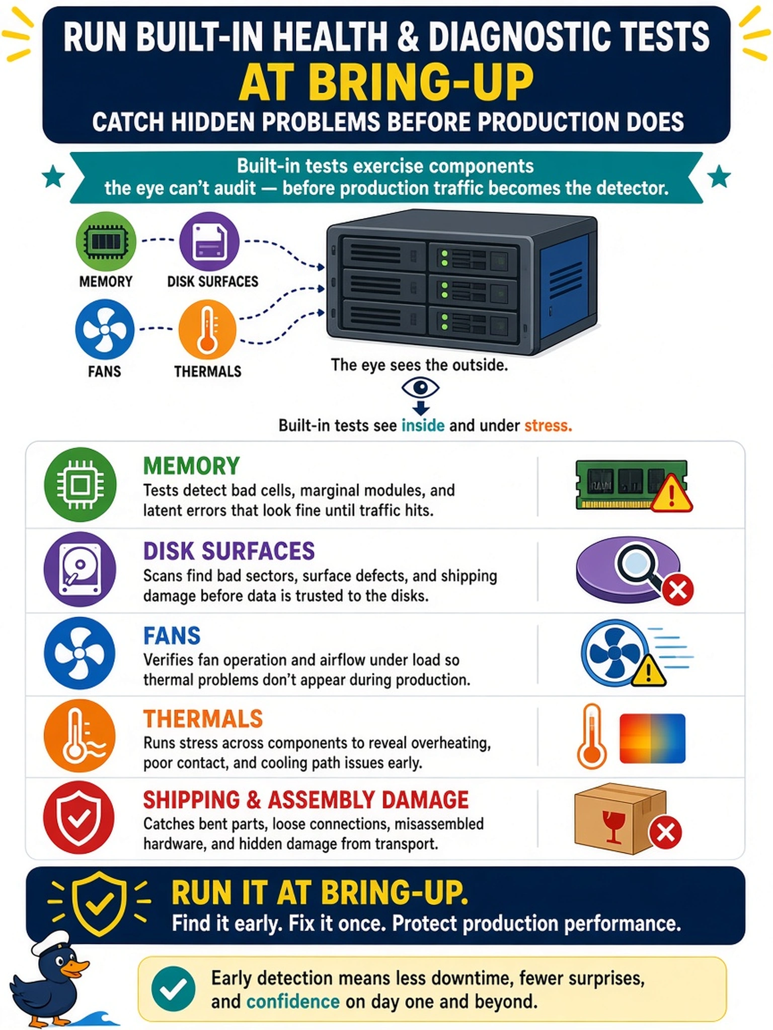To Create an exciting colorful infographic that explains the concepts in the question: Question: Before handover of a new Data Domain stack, the team debates whether to run the platform's built-in health and diagnostic battery on it. What best justifies running it at bring-up? Correct Answer: Built-in tests exercise components the eye can't audit - memory, disk surfaces, fans, thermals - and catch shipping or assembly damage before production traffic becomes the detector. Put EVERY visible label in double quotes. No people. No A/B/C/D letters. In one of the four corners put a little "Navy Duck".