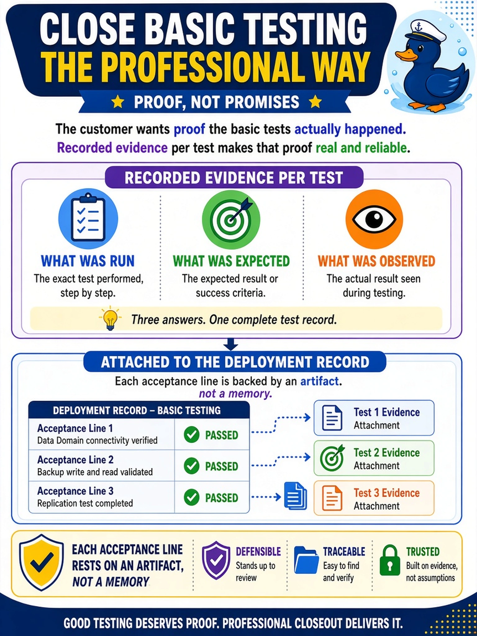 To Create an exciting colorful infographic that explains the concepts in the question: Question: The customer is closing out a Data Domain bring-up and wants proof the basic tests actually happened, not just assurances from the team. What is the professional way to close basic testing? Correct Answer: Recorded evidence per test - what was run, what was expected, what was observed - attached to the deployment record so each acceptance line rests on an artifact, not a memory. Put EVERY visible label in double quotes. No people. No A/B/C/D letters. In one of the four corners put a little "Navy Duck".