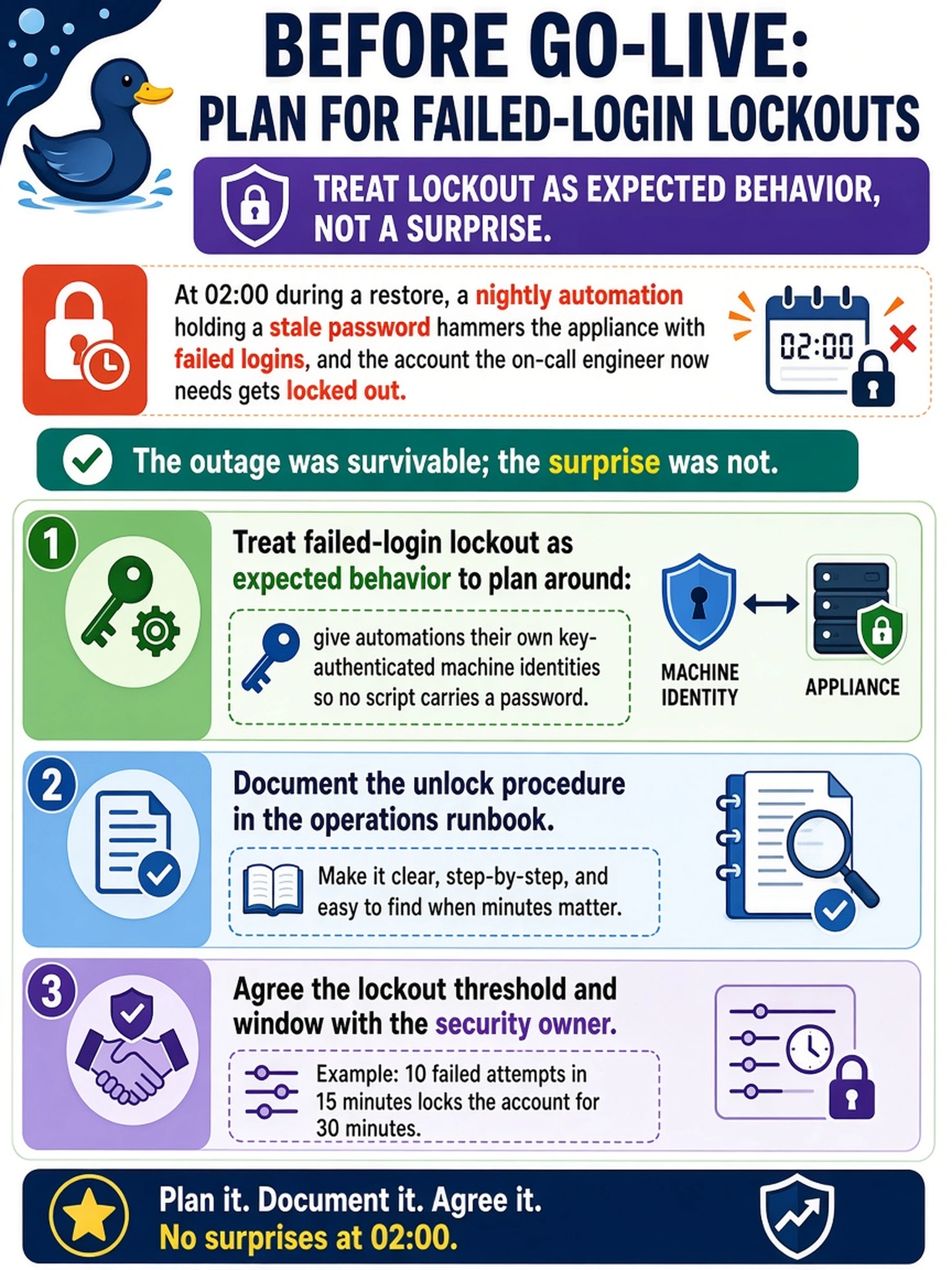 To Create an exciting colorful infographic that explains the concepts in the question: Question: At 02:00 during a restore, a nightly automation holding a stale password hammers the appliance with failed logins, and the account the on-call engineer now needs gets locked out. The outage was survivable; the surprise was not. What should have happened before go-live? Correct Answer: Treat failed-login lockout as expected behavior to plan around: give automations their own key-authenticated machine identities so no script carries a password, document the unlock procedure in the operations runbook, and agree the lockout threshold and window with the security owner. Put EVERY visible label in double quotes. No people. No A/B/C/D letters. In one of the four corners put a little "Navy Duck".