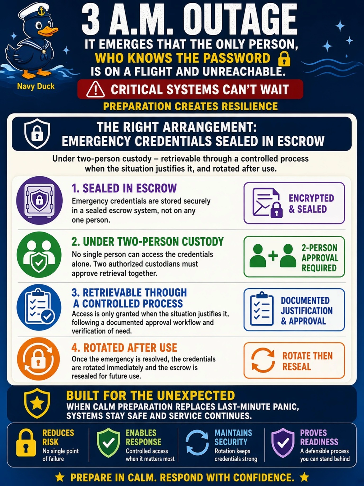 To Create an exciting colorful infographic that explains the concepts in the question: Question: During a 3 a.m. outage it emerges that the only person who knows the local emergency administrator password is on a flight and unreachable. Which arrangement should have been made while everything was calm? Correct Answer: Emergency credentials sealed in escrow under two-person custody - retrievable through a controlled process when the situation justifies it, and rotated after use. Put EVERY visible label in double quotes. No people. No A/B/C/D letters. In one of the four corners put a little "Navy Duck".